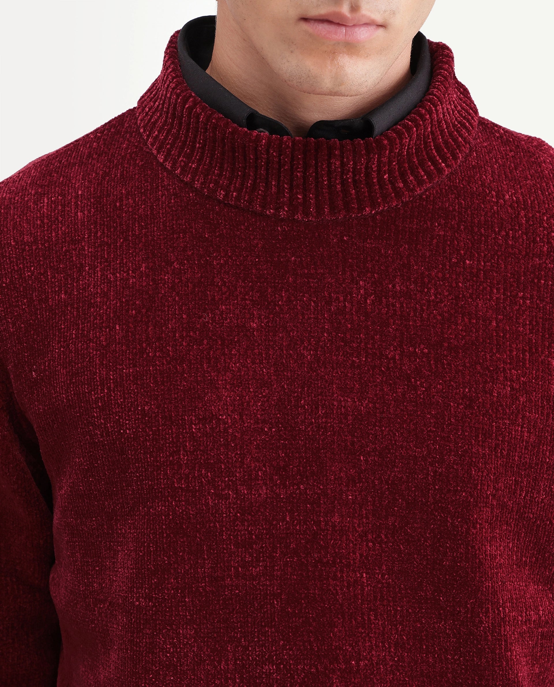Rare Rabbit Men's Chenor Dark Red Polyester Regular Fit Plain Sweater