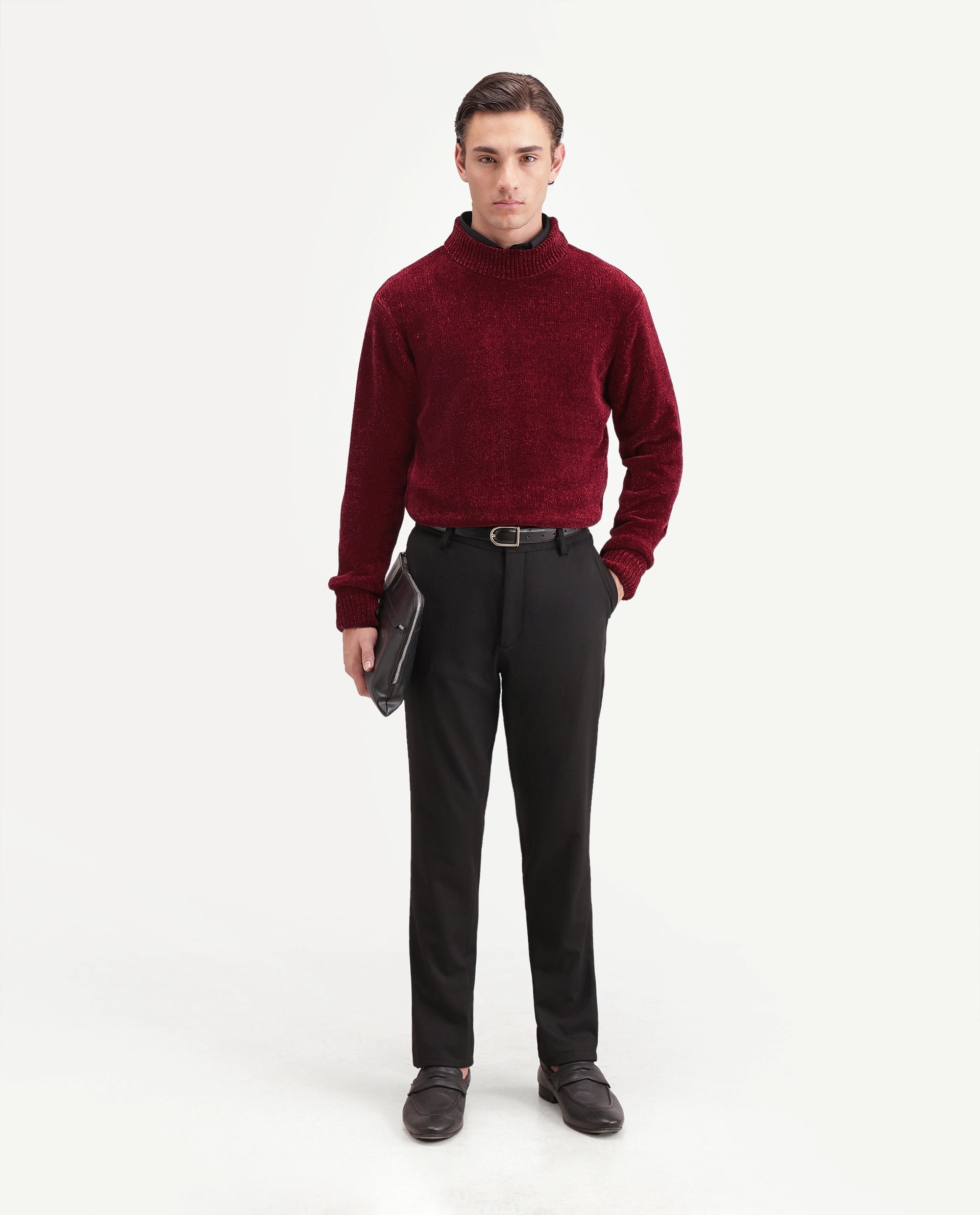 Rare Rabbit Men's Chenor Dark Red Polyester Regular Fit Plain Sweater