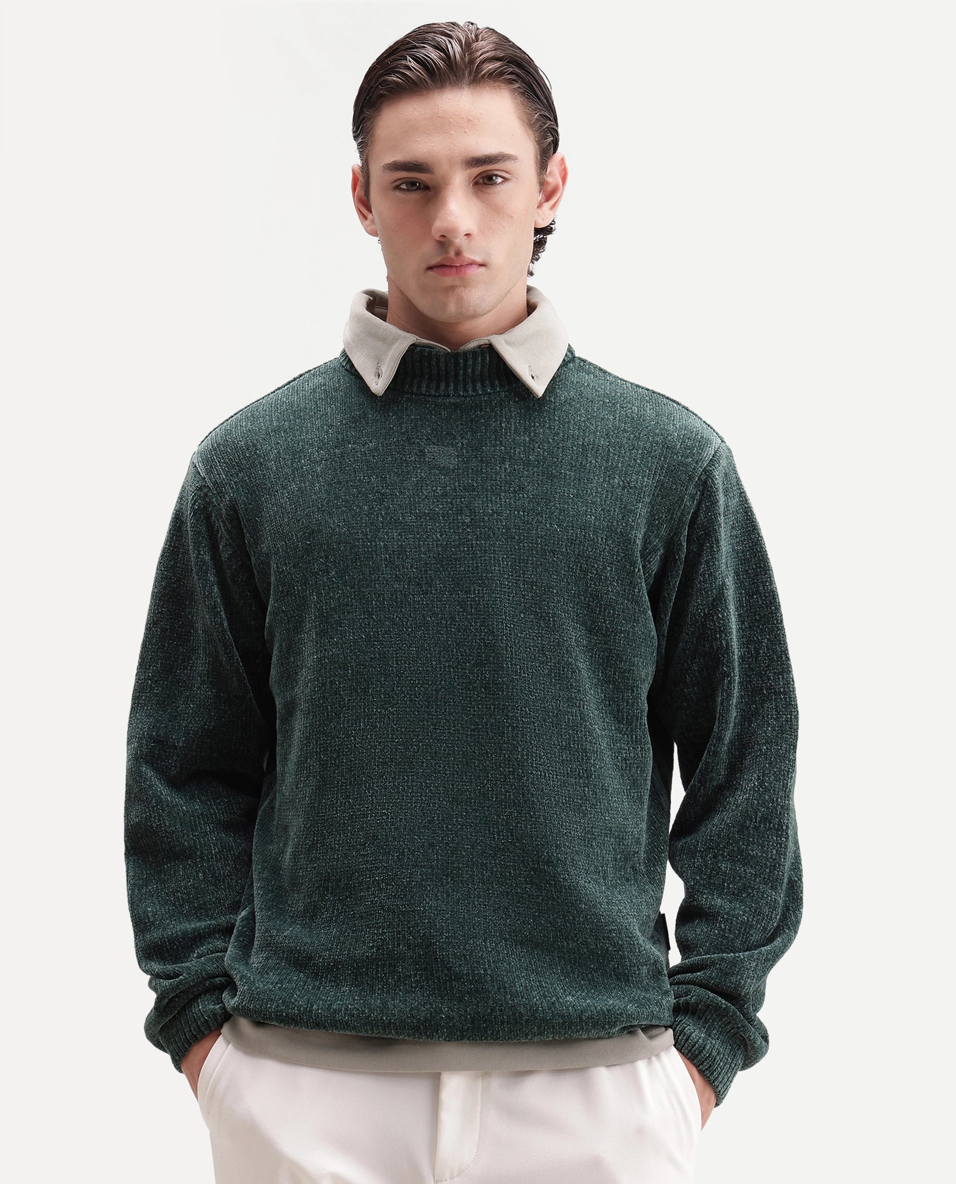 Rare Rabbit Men's Chenor Green Polyester Regular Fit Plain Sweater