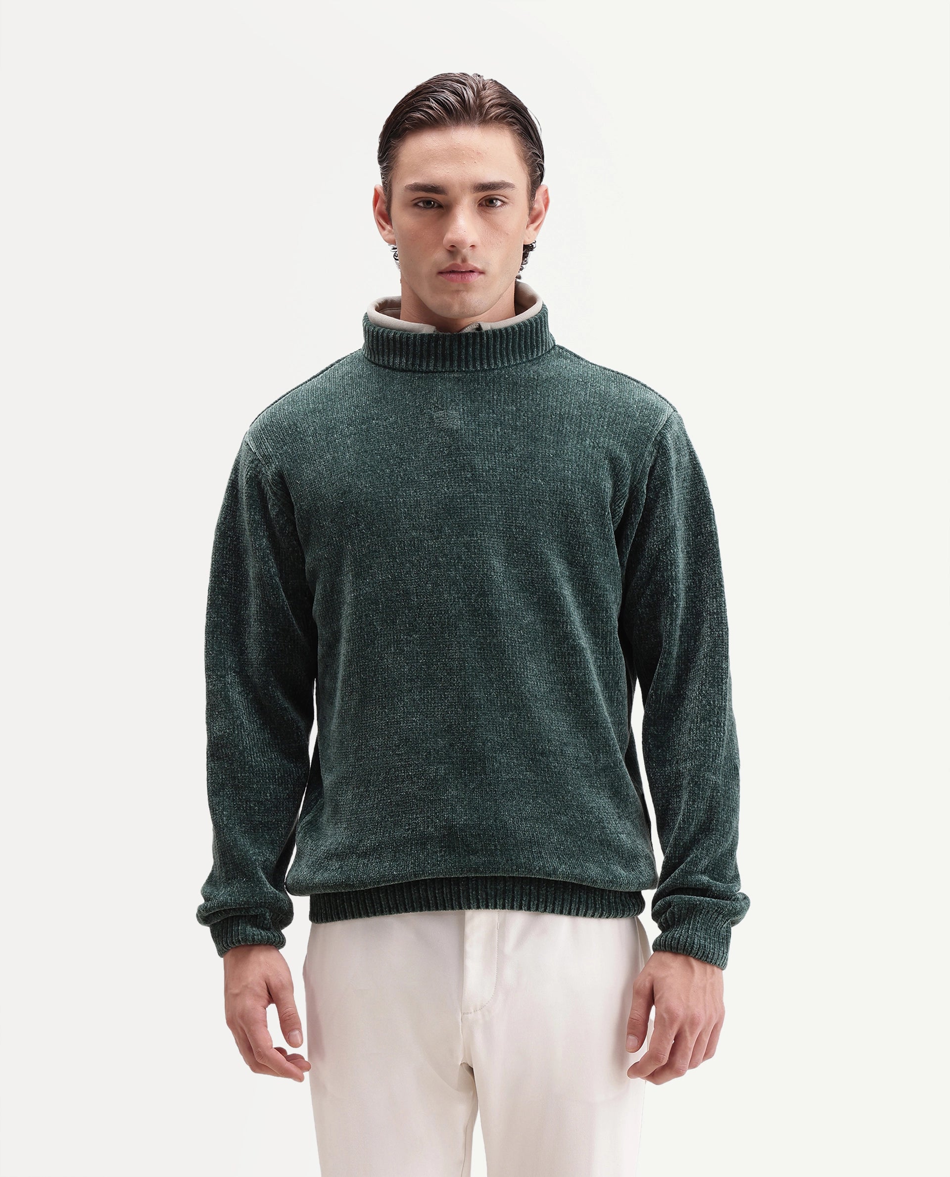Rare Rabbit Men's Chenor Green Polyester Regular Fit Plain Sweater