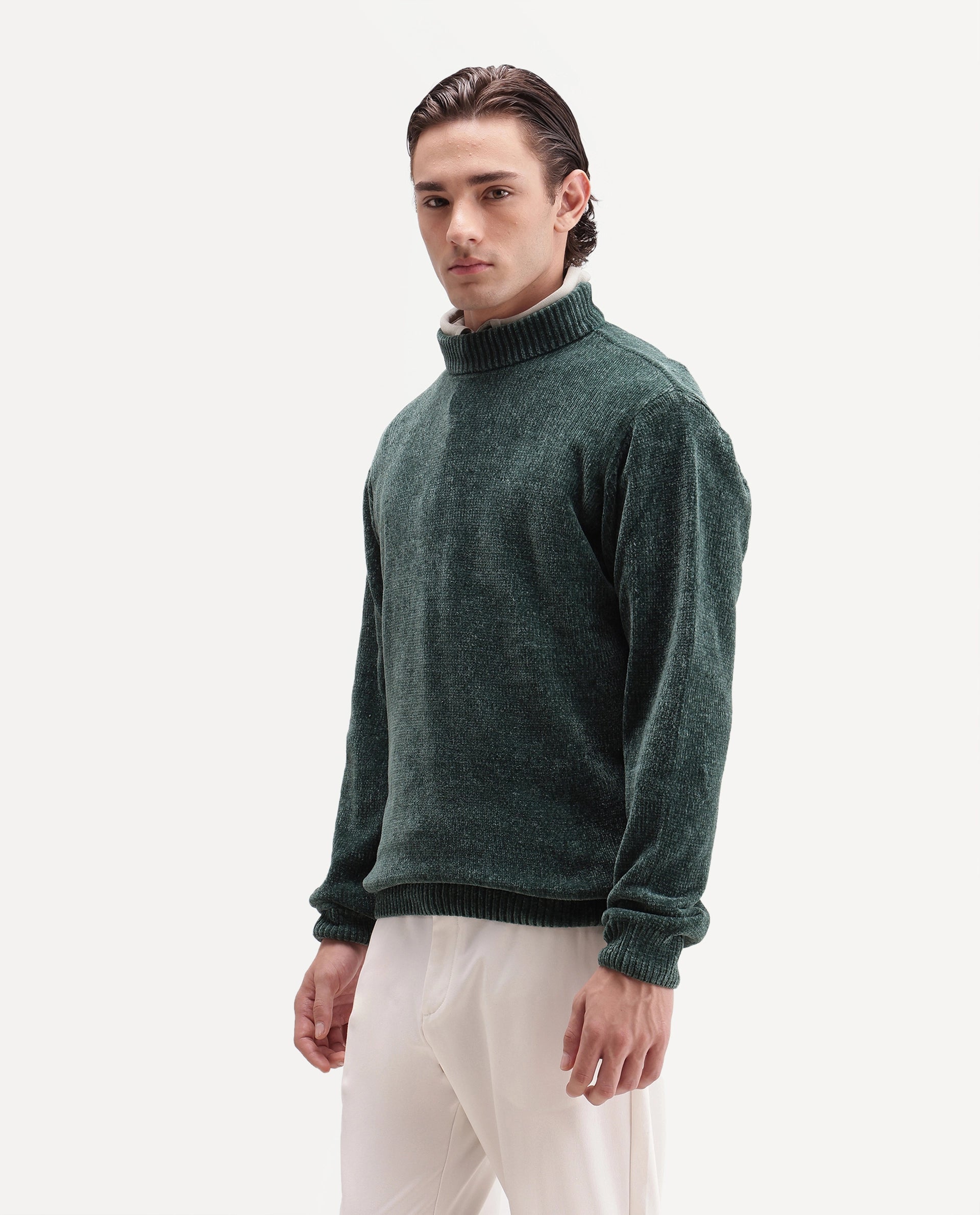 Rare Rabbit Men's Chenor Green Polyester Regular Fit Plain Sweater