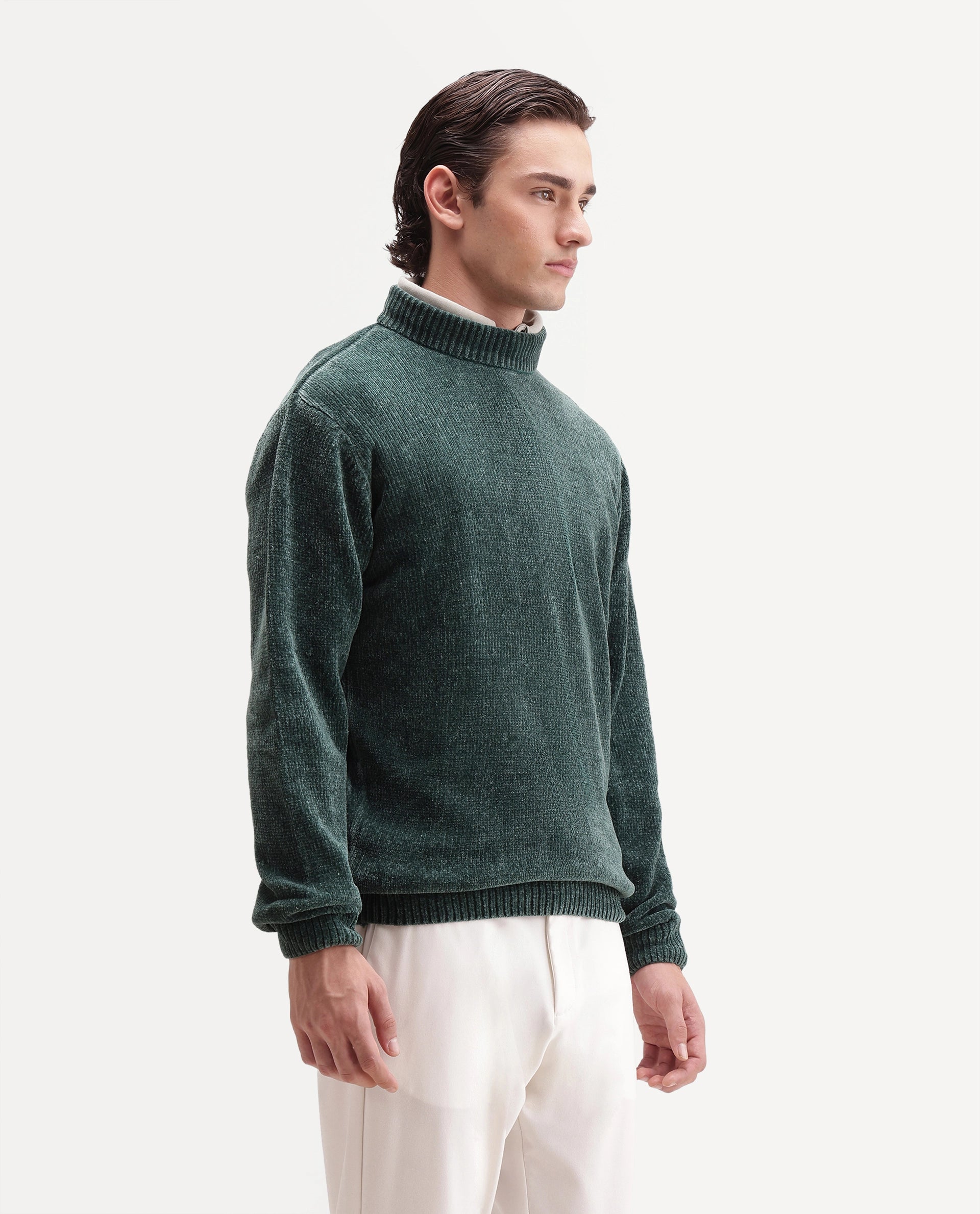 Rare Rabbit Men's Chenor Green Polyester Regular Fit Plain Sweater