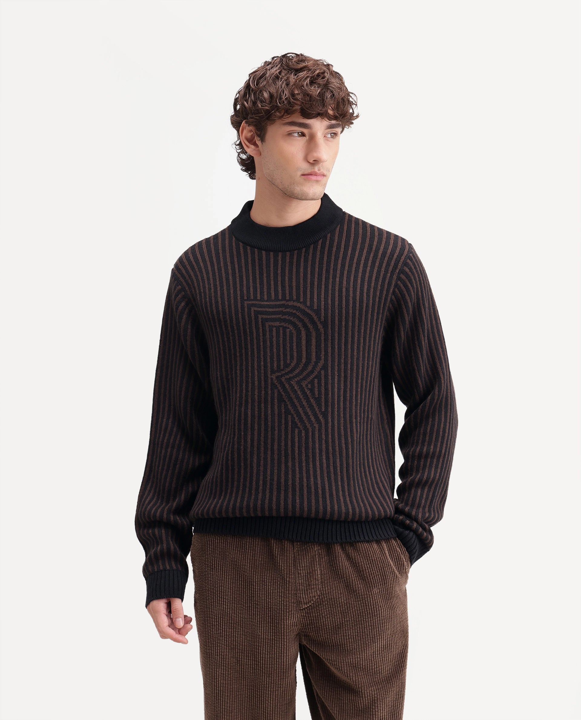 Rare Rabbit Men's Frim Dark Brown Acrylic Blend Regular Fit Sweater
