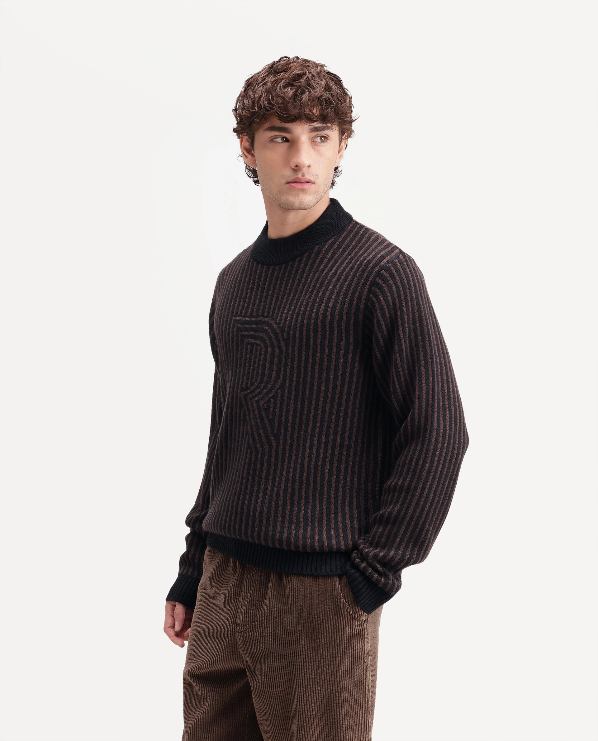 Rare Rabbit Men's Frim Dark Brown Acrylic Blend Regular Fit Sweater