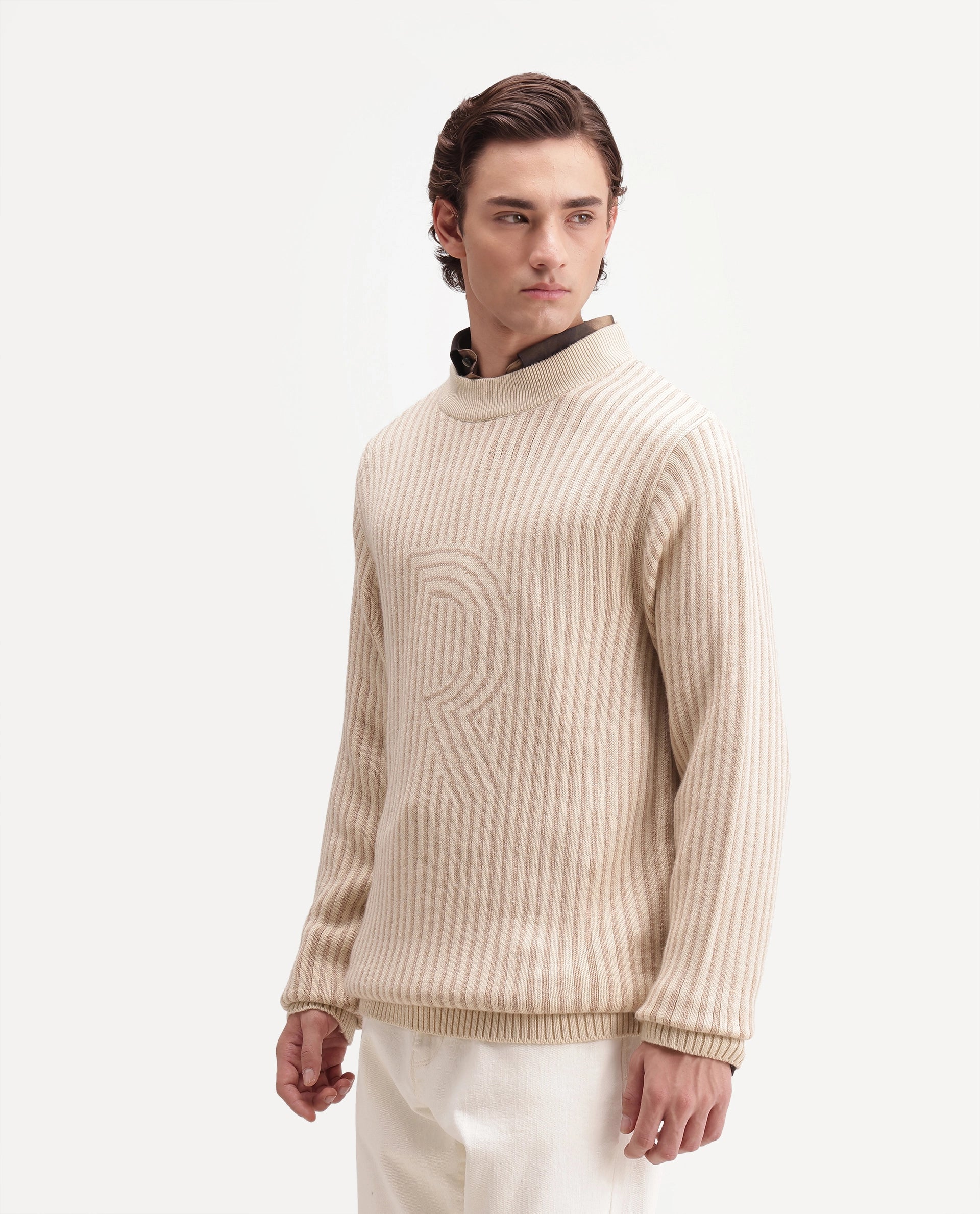 Rare Rabbit Men's Frim Beige Acrylic Blend Regular Fit Sweater