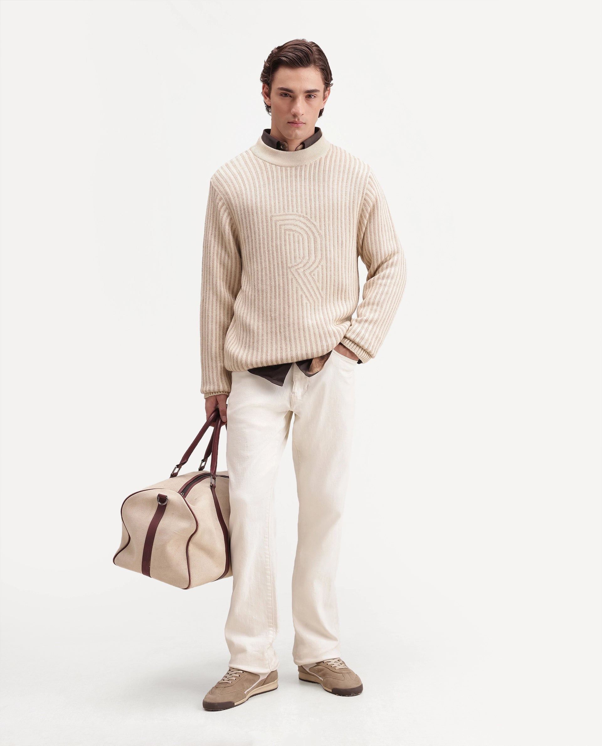 Rare Rabbit Men's Frim Beige Acrylic Blend Regular Fit Sweater