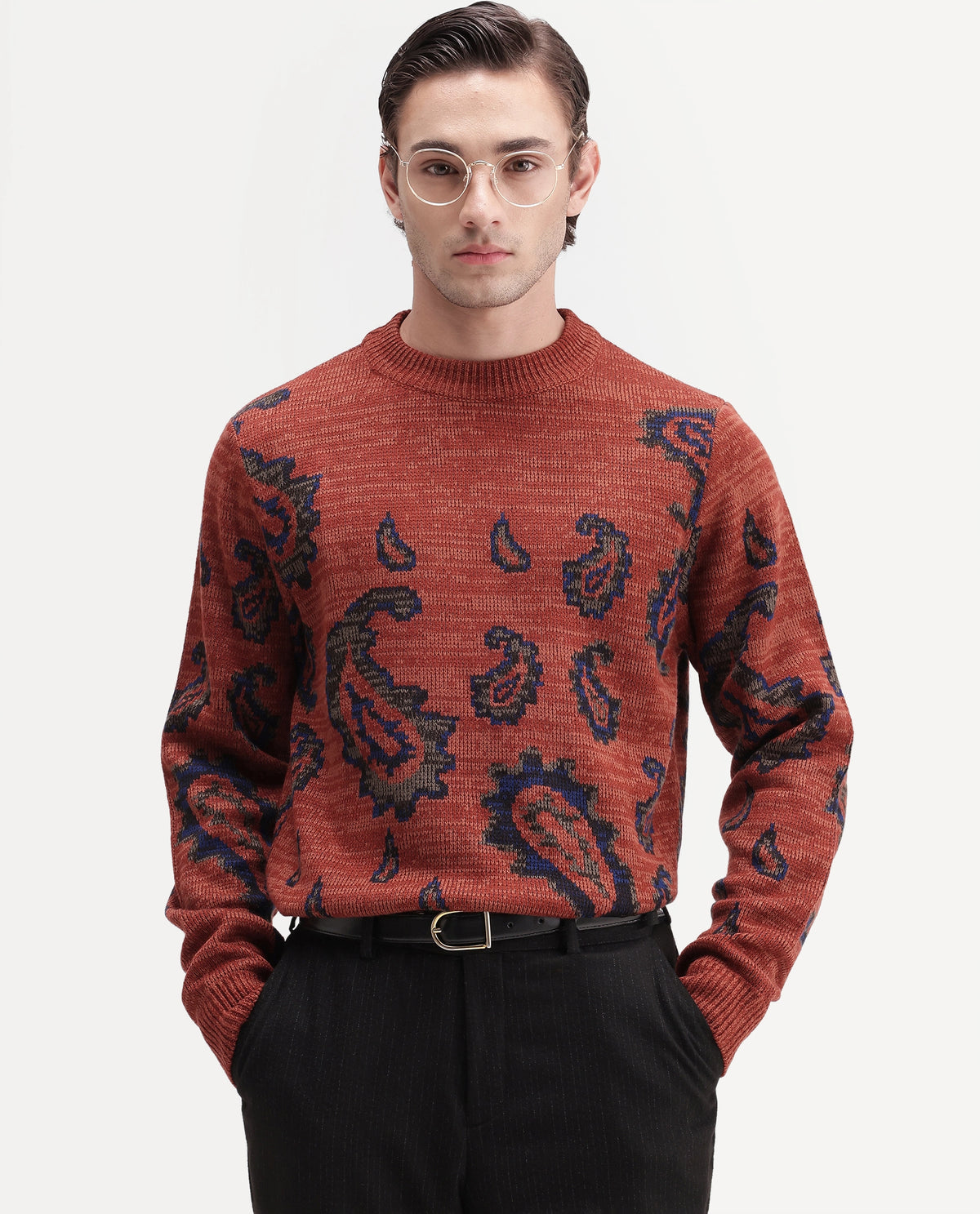 Rare Rabbit Men's Spav Dusky Rust Acrylic Regular Fit Paisley Print Sweater