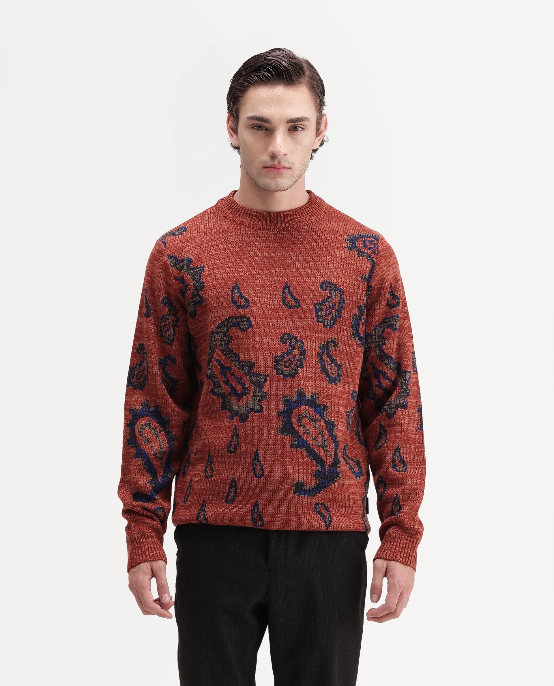 Rare Rabbit Men's Spav Dusky Rust Acrylic Regular Fit Paisley Print Sweater