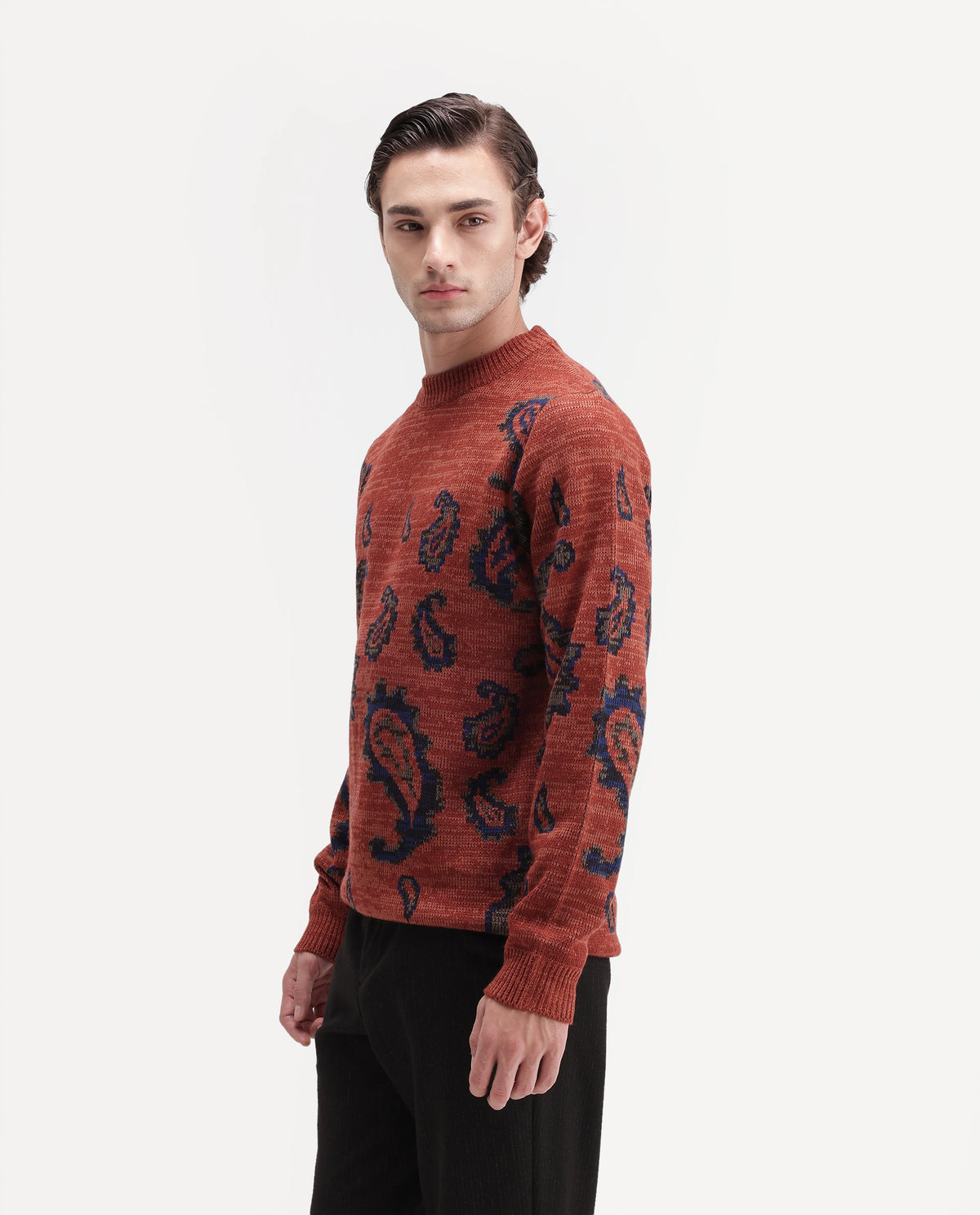 Rare Rabbit Men's Spav Dusky Rust Acrylic Regular Fit Paisley Print Sweater