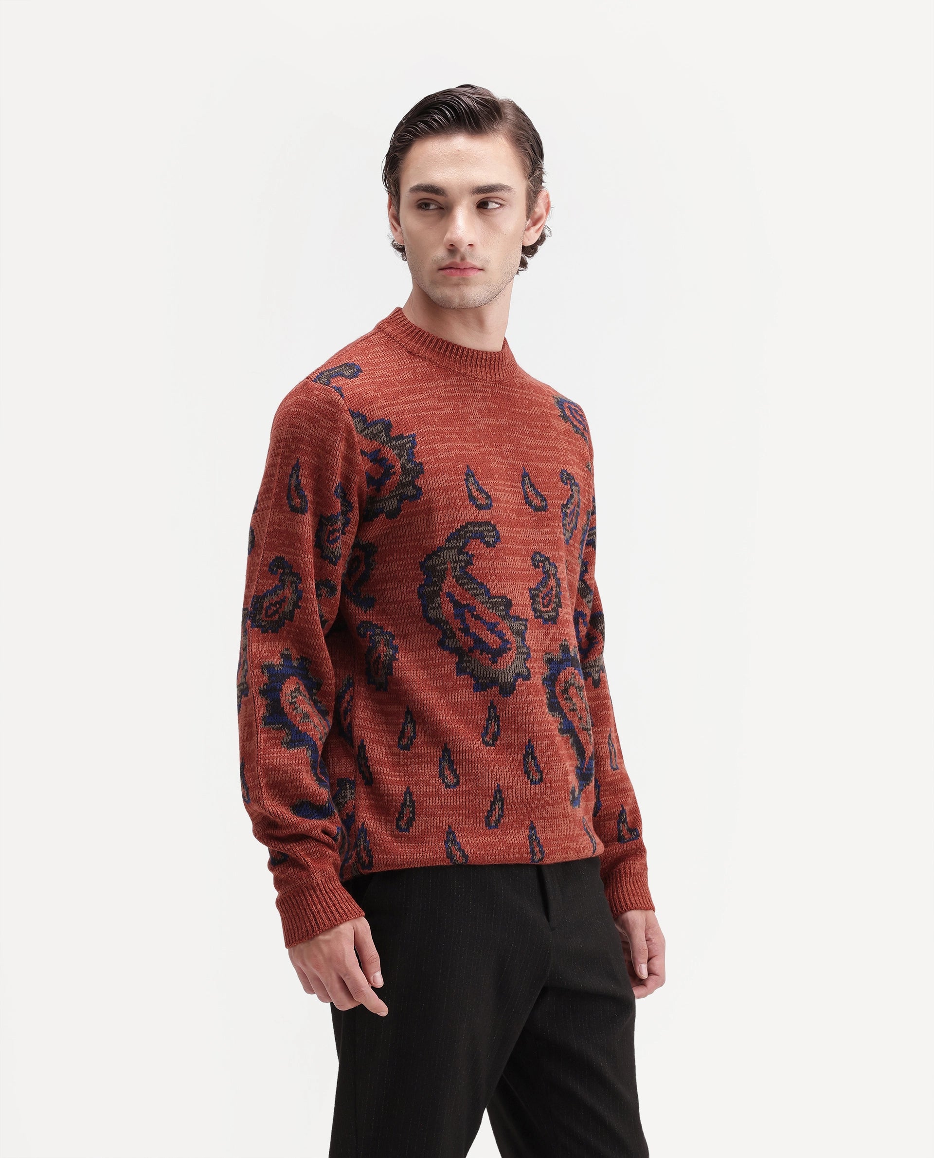 Rare Rabbit Men's Spav Dusky Rust Acrylic Regular Fit Paisley Print Sweater