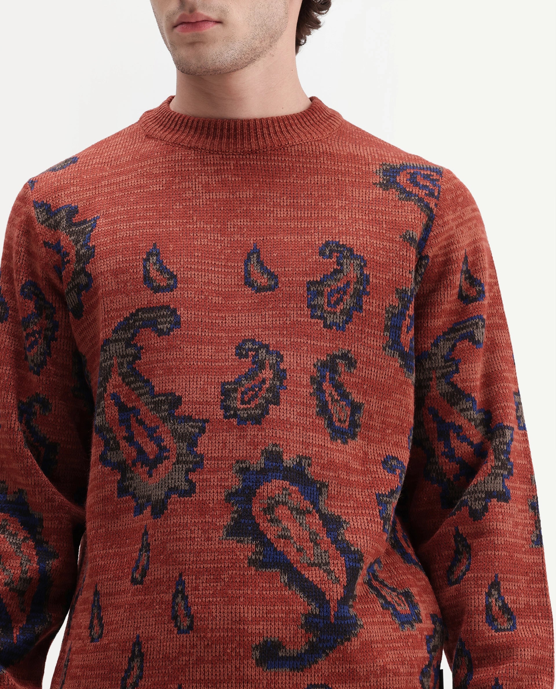 Rare Rabbit Men's Spav Dusky Rust Acrylic Regular Fit Paisley Print Sweater