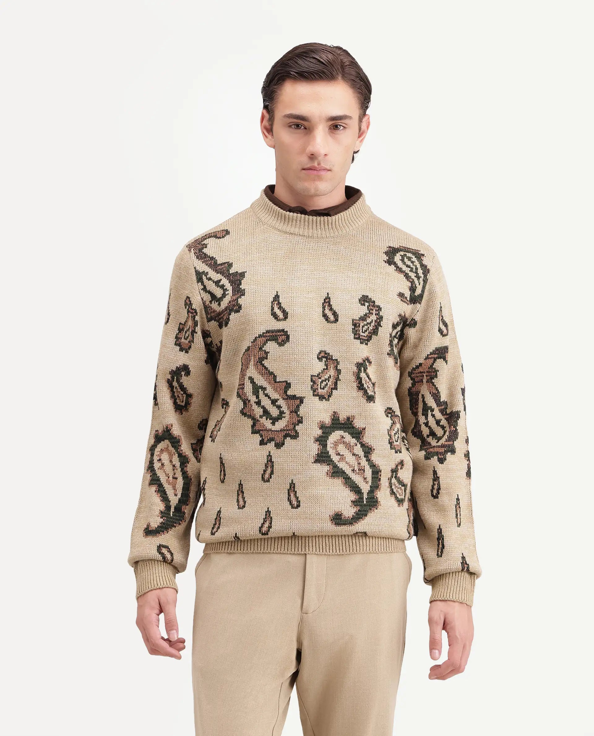 Rare Rabbit Men's Spav Beige Acrylic Regular Fit Paisley Print Sweater