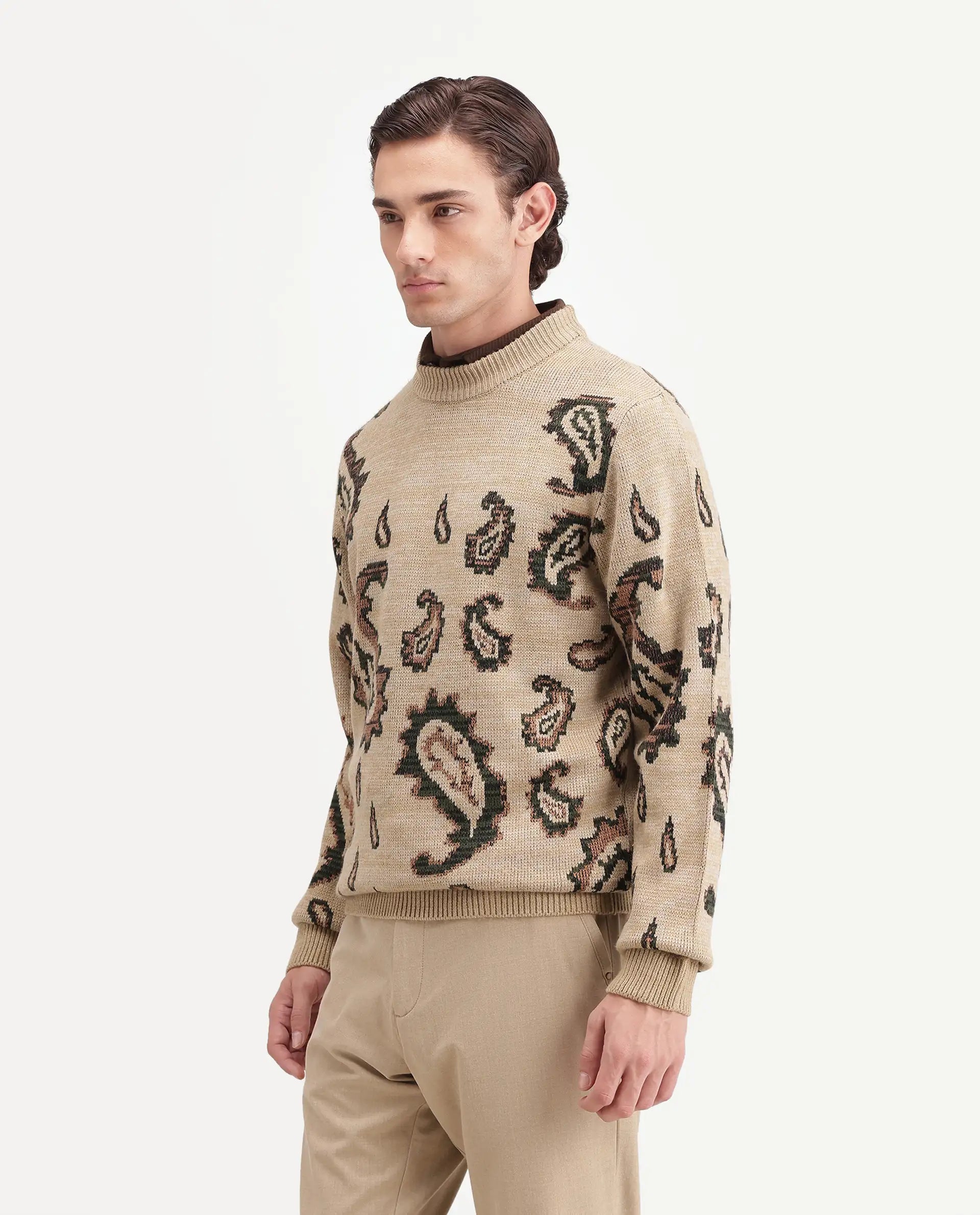 Rare Rabbit Men's Spav Beige Acrylic Regular Fit Paisley Print Sweater
