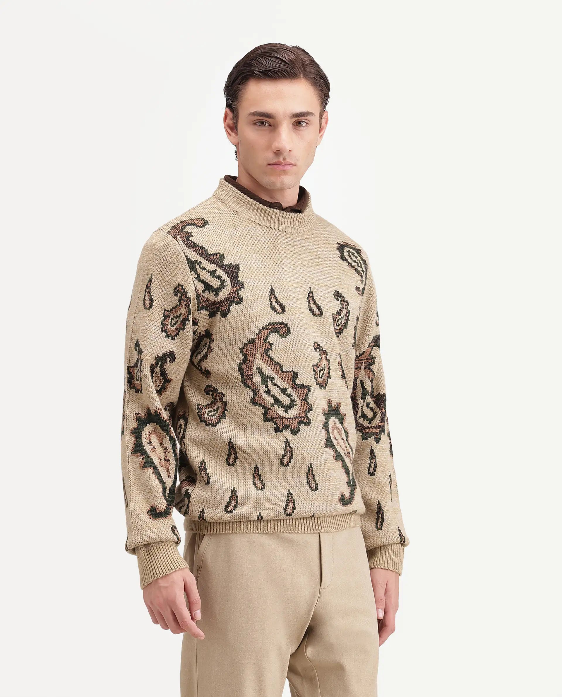 Rare Rabbit Men's Spav Beige Acrylic Regular Fit Paisley Print Sweater
