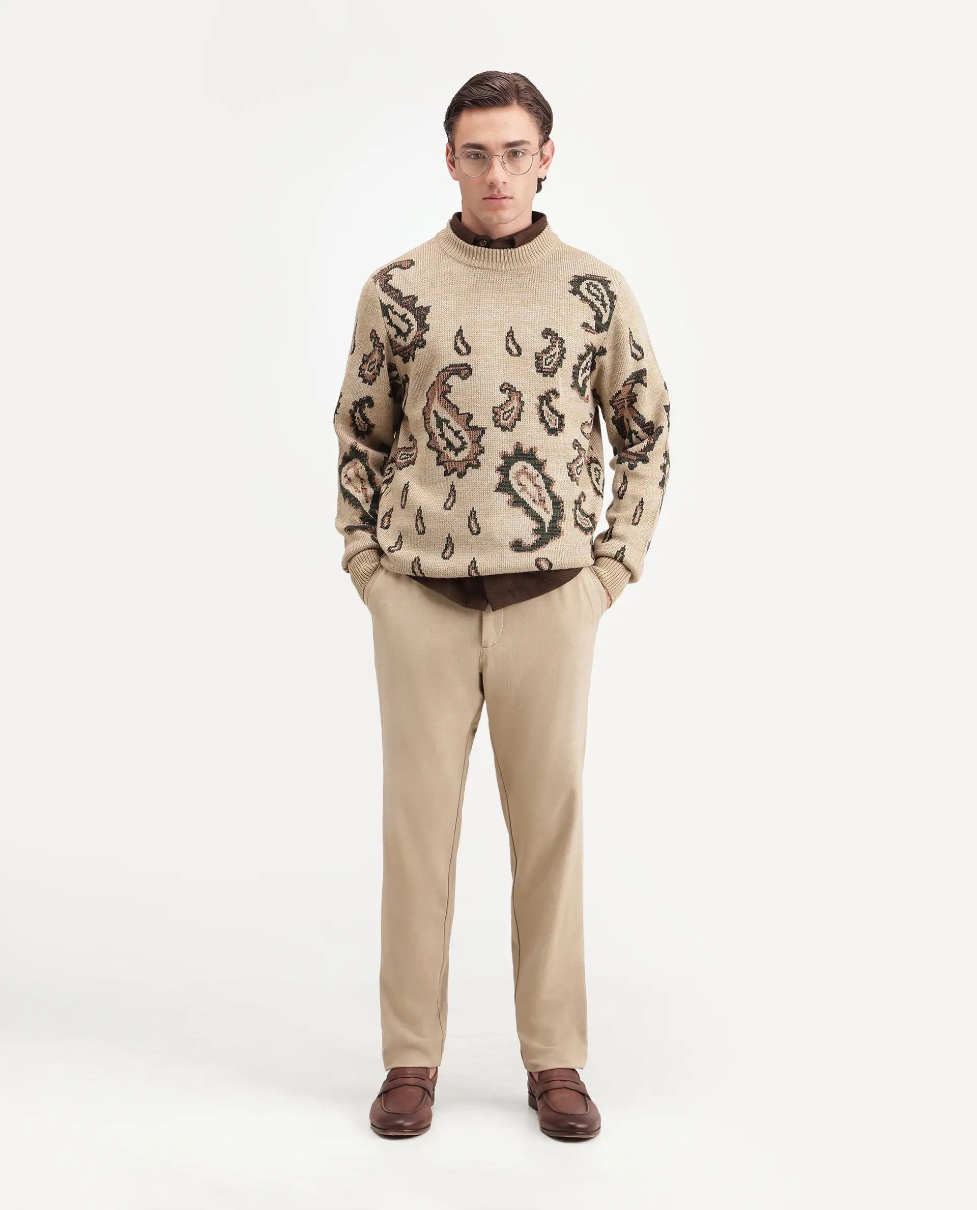 Rare Rabbit Men's Spav Beige Acrylic Regular Fit Paisley Print Sweater