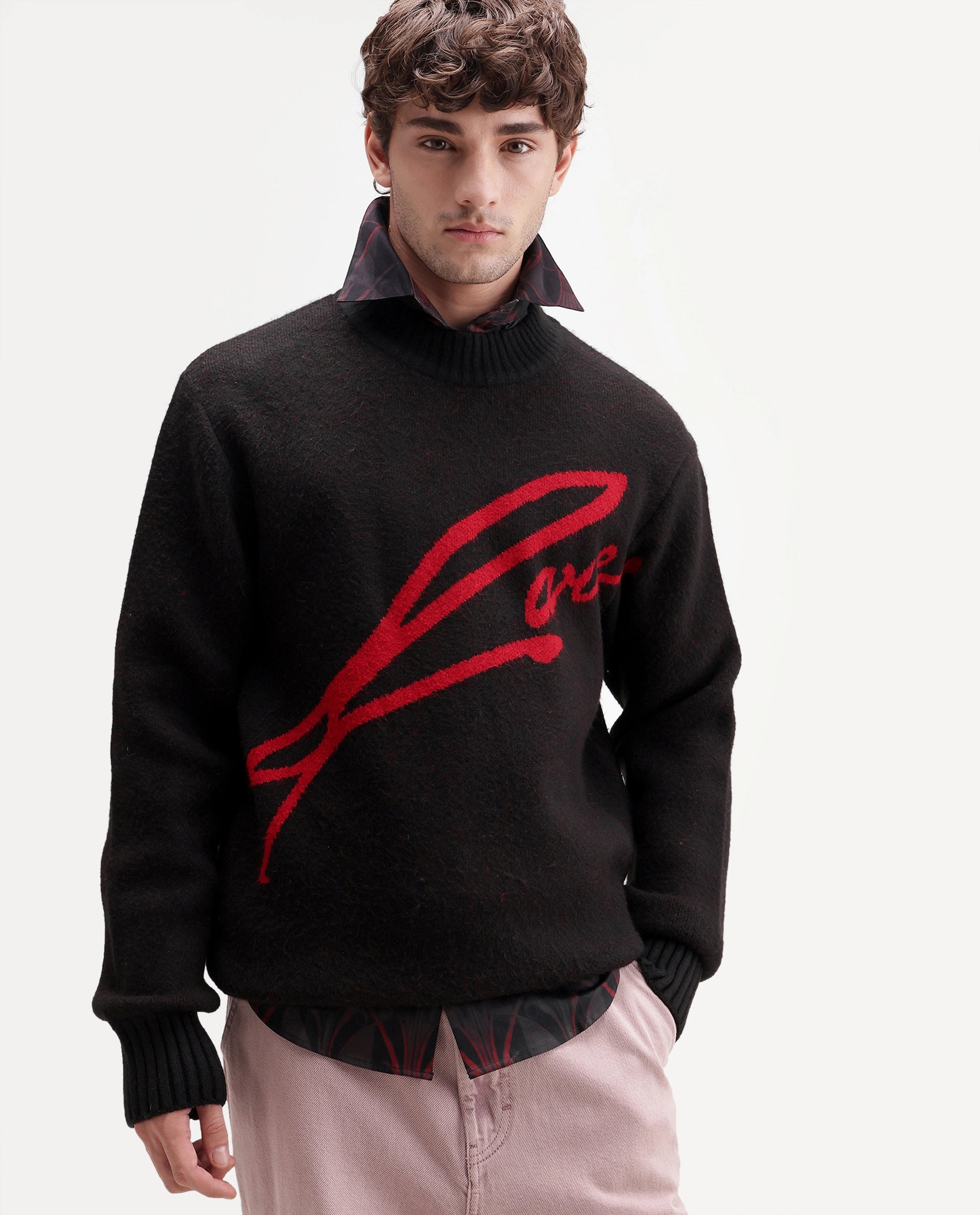 Rare Rabbit Men's Oscar Black Acrylic Blend Regular Fit Graphic Print Sweater