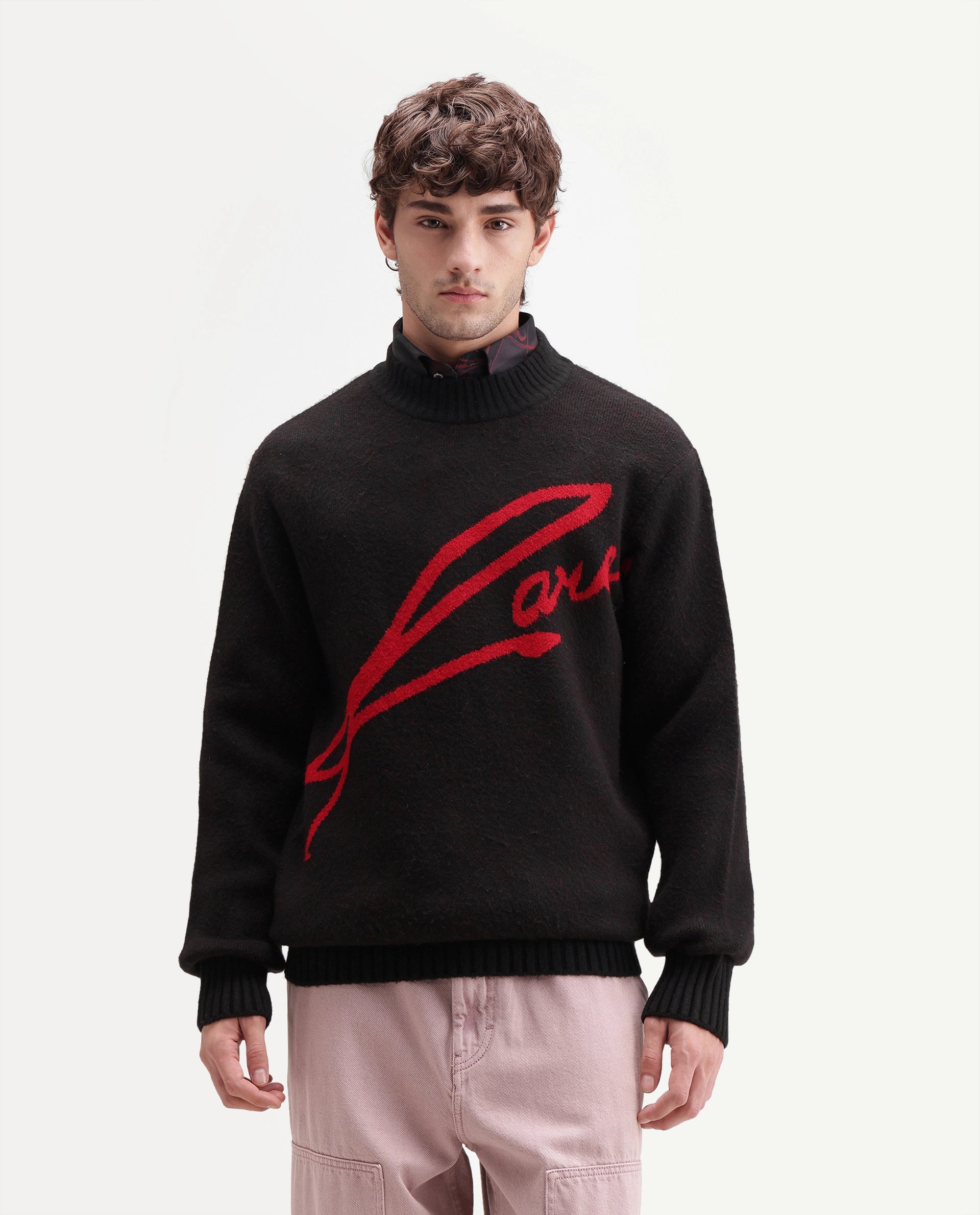 Rare Rabbit Men's Oscar Black Acrylic Blend Regular Fit Graphic Print Sweater