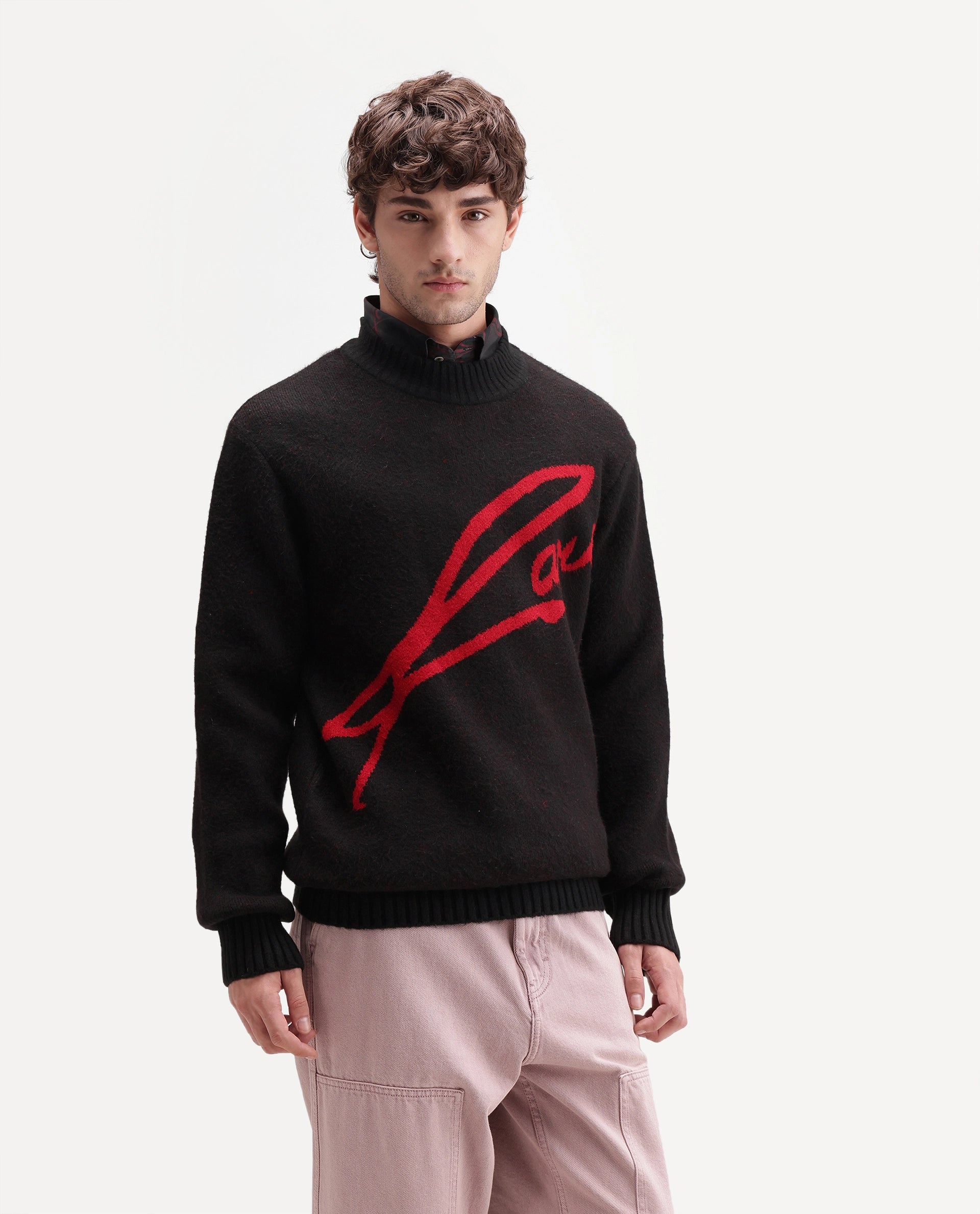 Rare Rabbit Men's Oscar Black Acrylic Blend Regular Fit Graphic Print Sweater