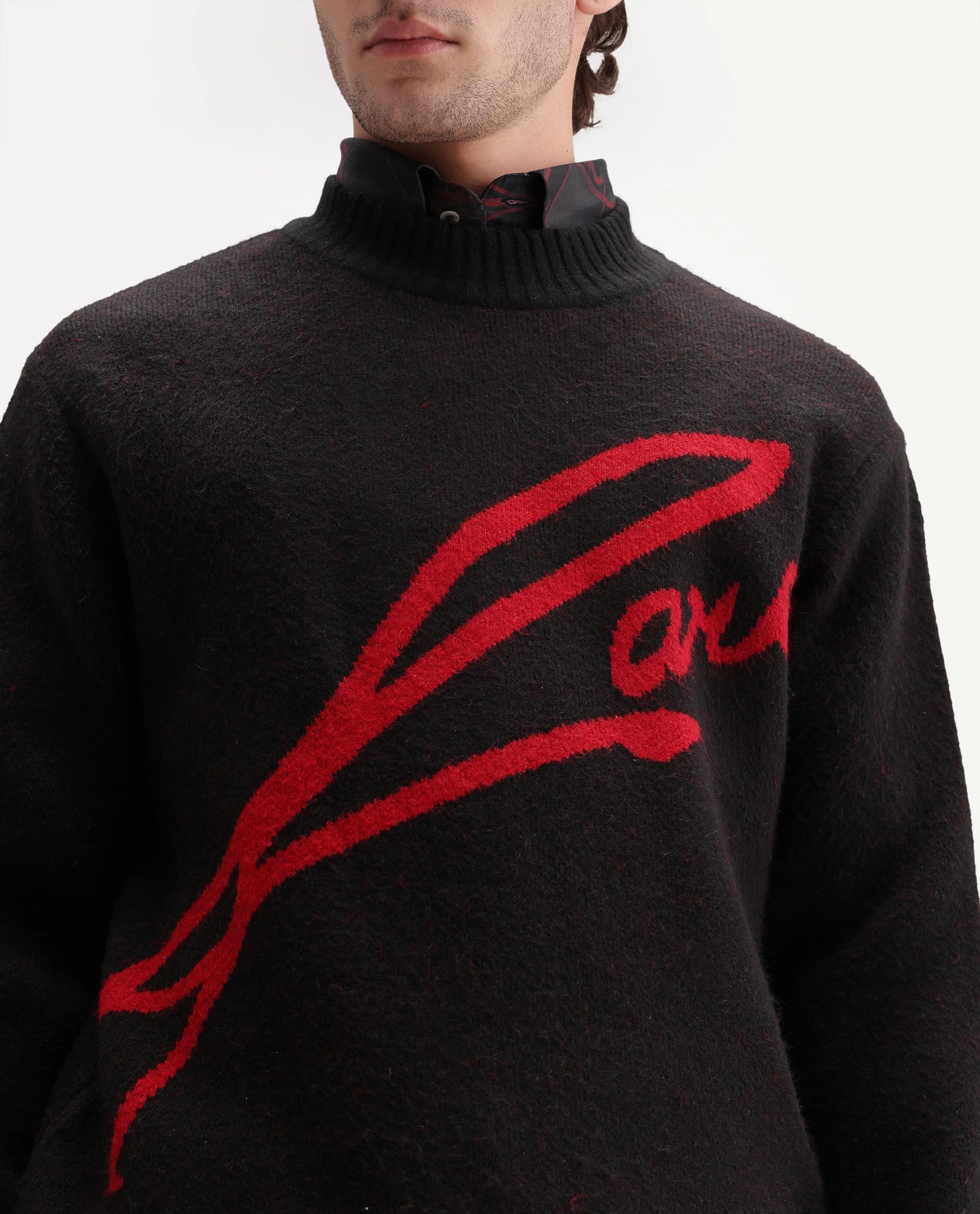 Rare Rabbit Men's Oscar Black Acrylic Blend Regular Fit Graphic Print Sweater