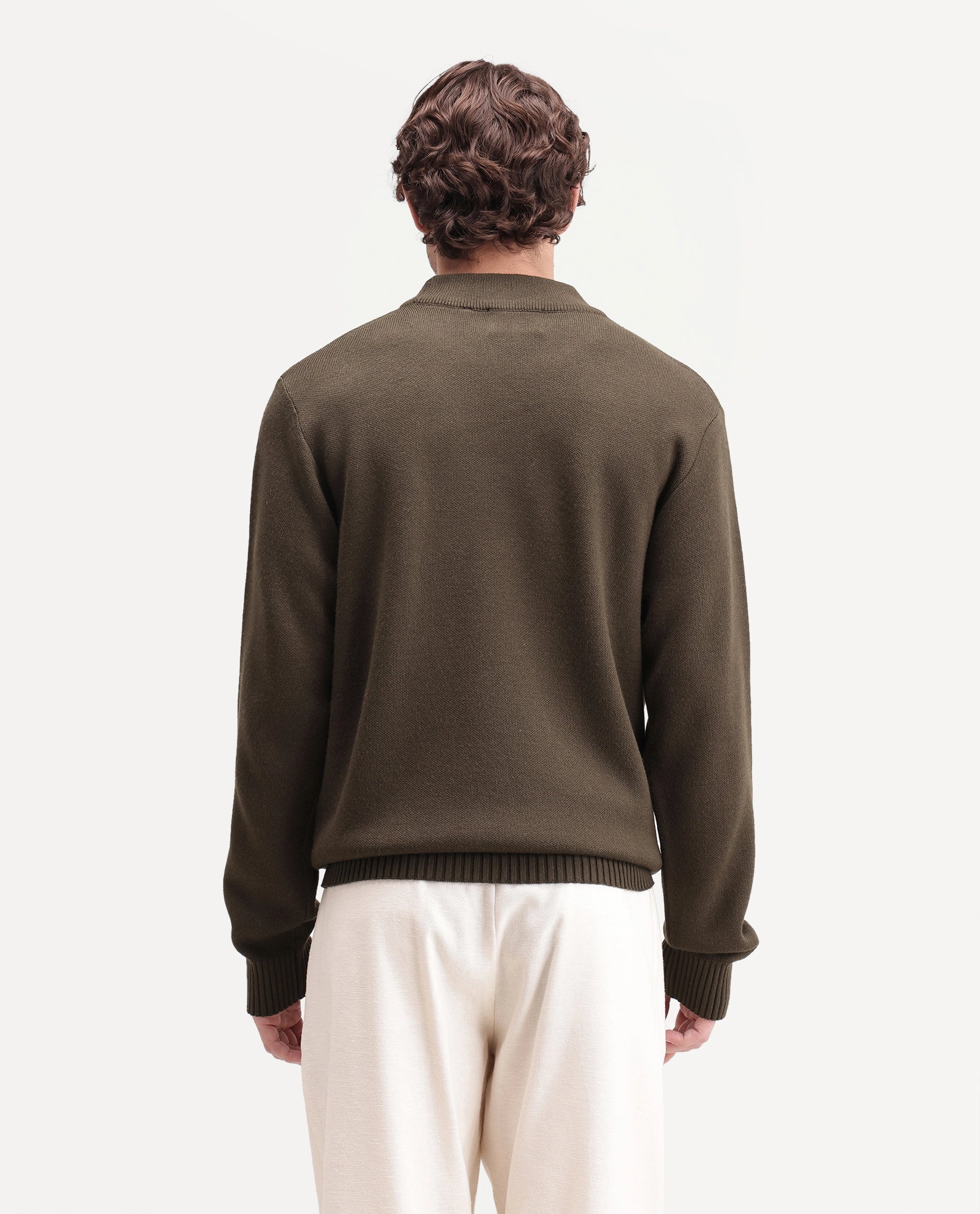 Rare Rabbit Men's Tran-A26 Dark Olive Acrylic Blend Regular Fit Geometric Print Sweater