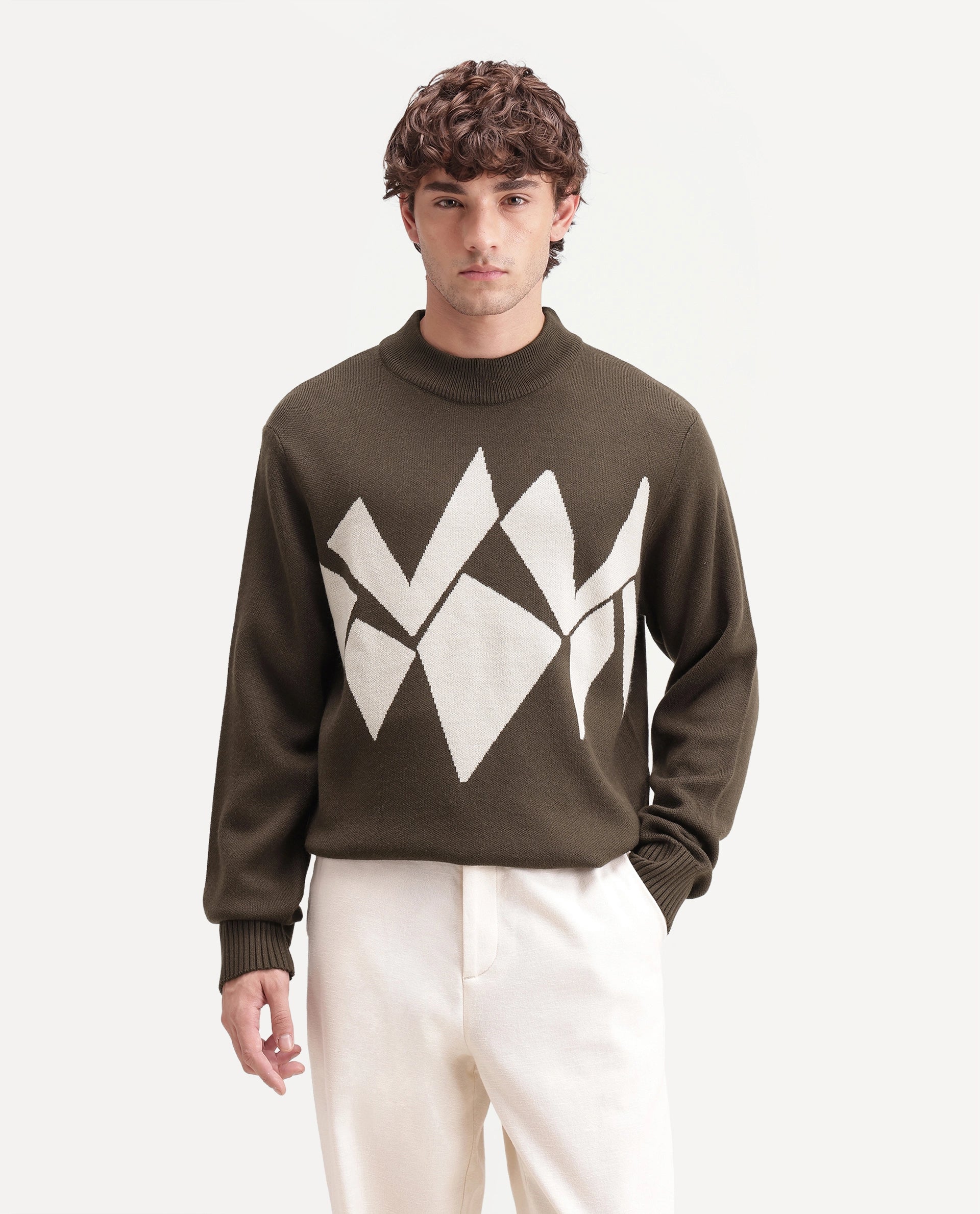 Rare Rabbit Men's Tran-A26 Dark Olive Acrylic Blend Regular Fit Geometric Print Sweater