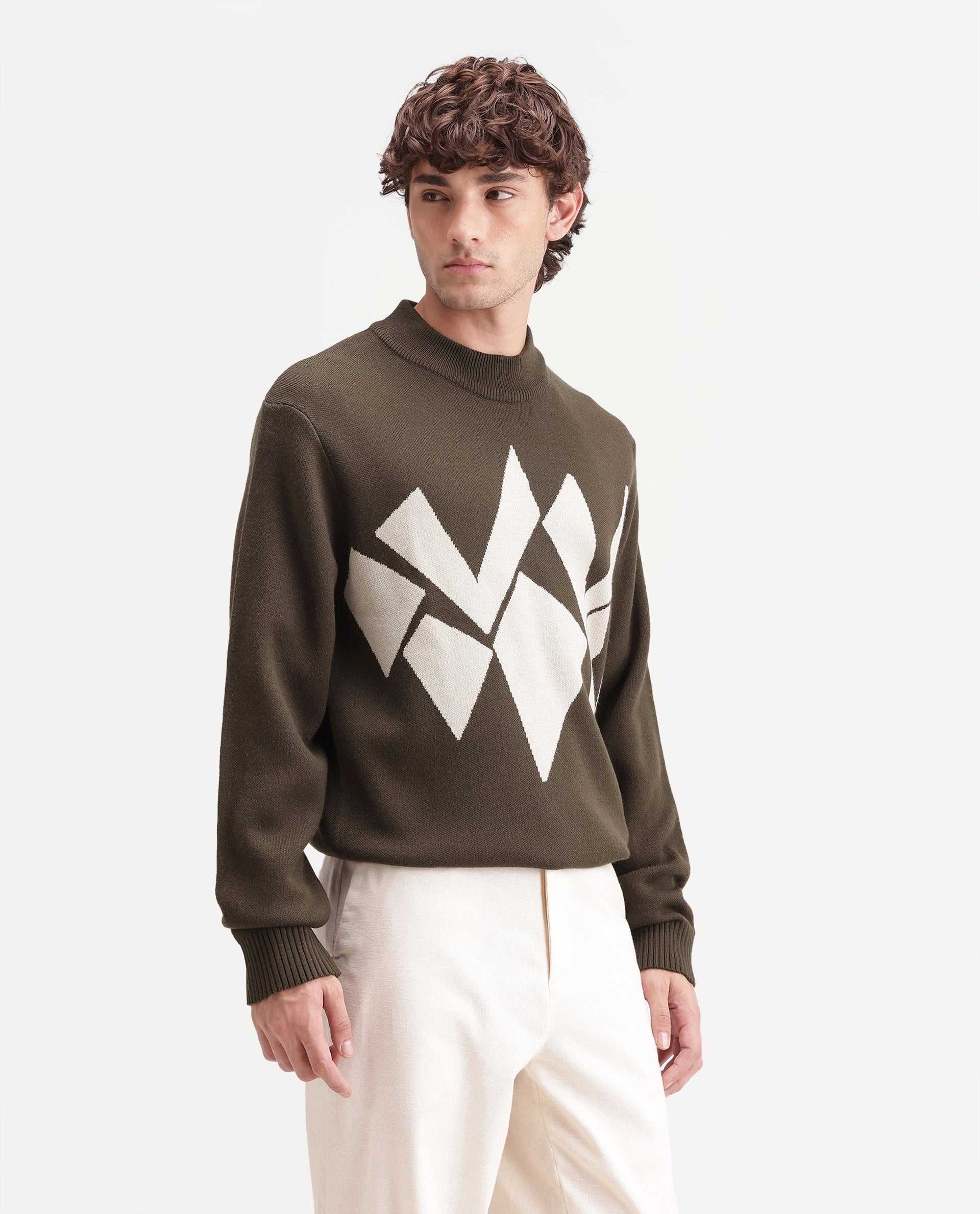Rare Rabbit Men's Tran-A26 Dark Olive Acrylic Blend Regular Fit Geometric Print Sweater