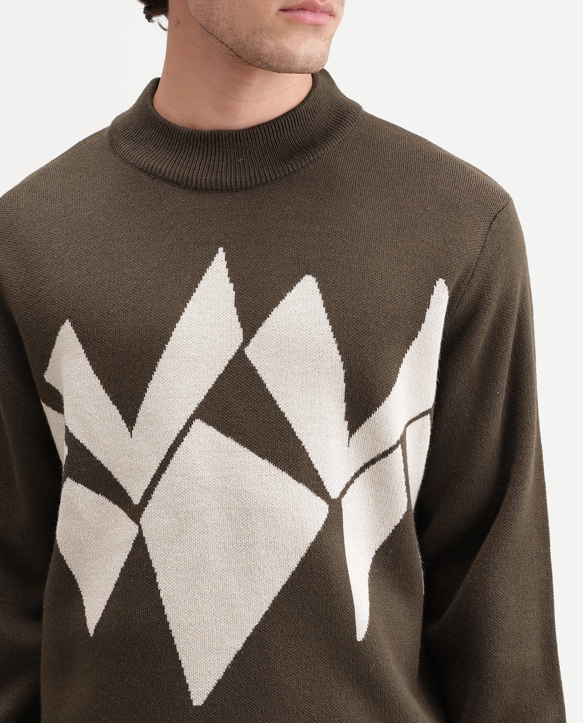 Rare Rabbit Men's Tran-A26 Dark Olive Acrylic Blend Regular Fit Geometric Print Sweater