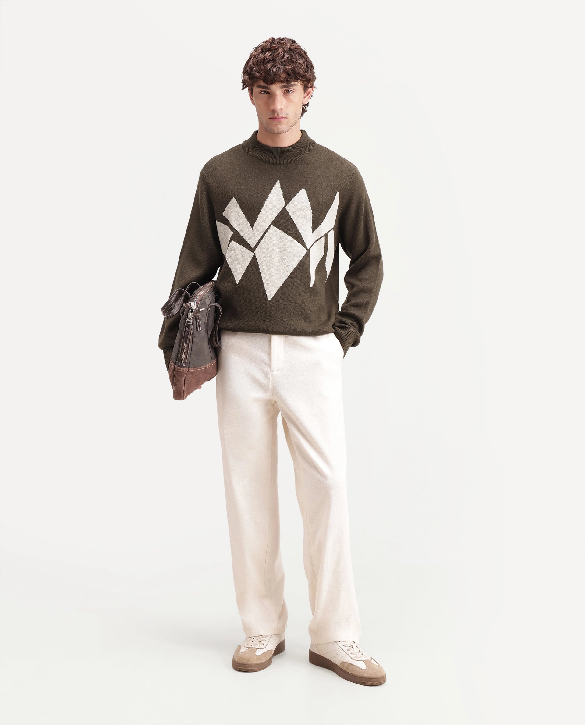 Rare Rabbit Men's Tran-A26 Dark Olive Acrylic Blend Regular Fit Geometric Print Sweater