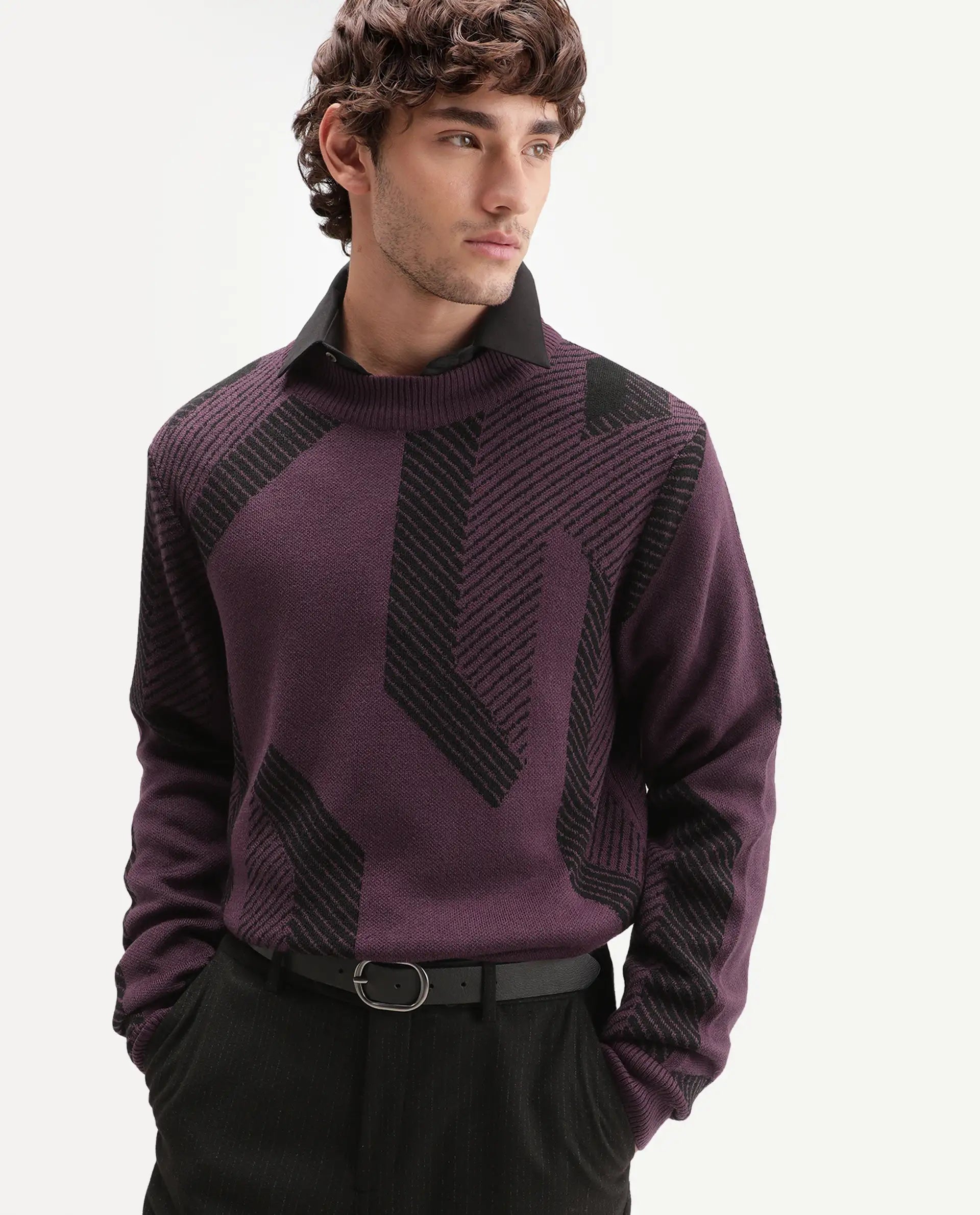 Rare Rabbit Men's Vent Dark Purple Acrylic Crew Neck Regular Fit Jacquard Sweater