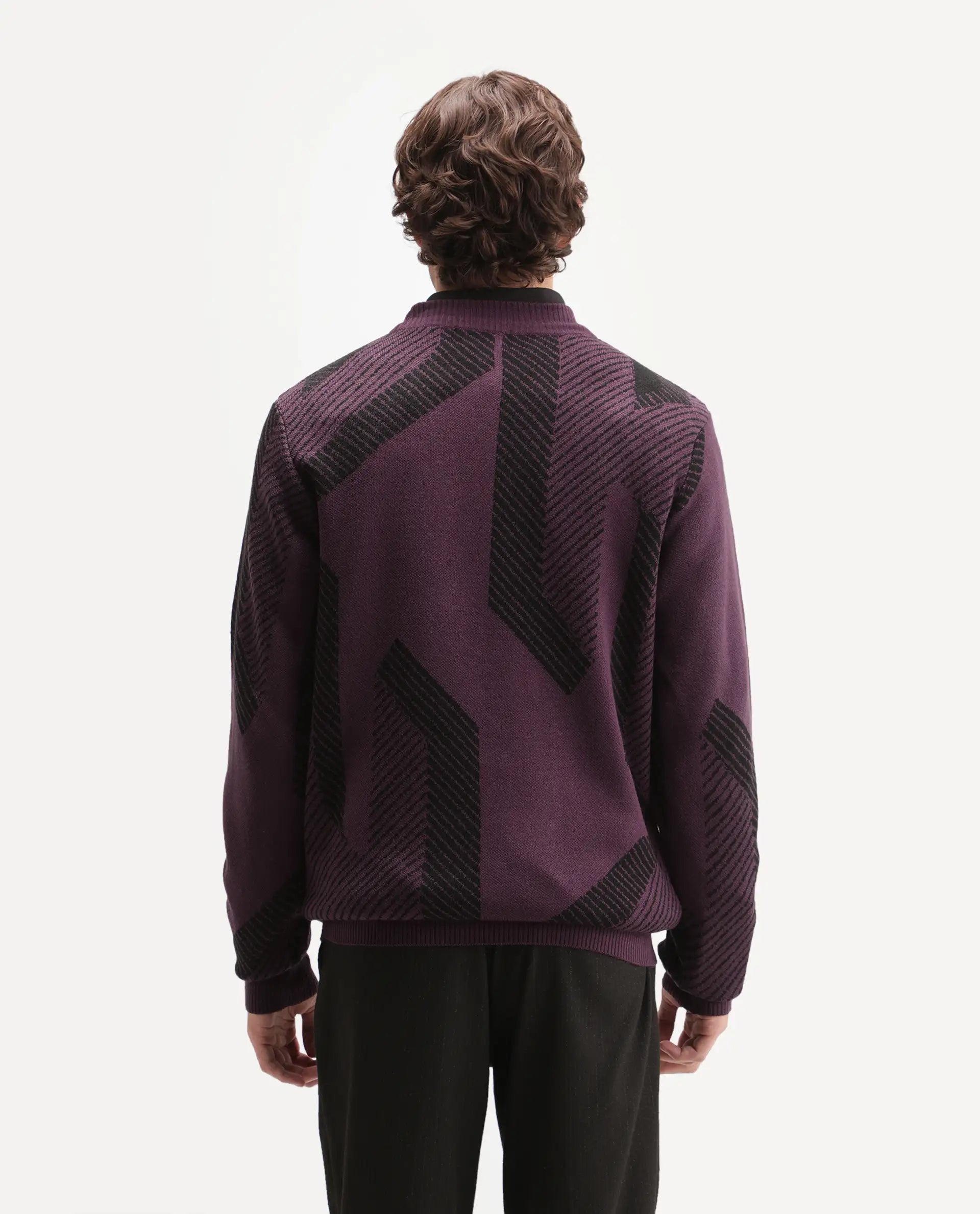 Rare Rabbit Men's Vent Dark Purple Acrylic Crew Neck Regular Fit Jacquard Sweater