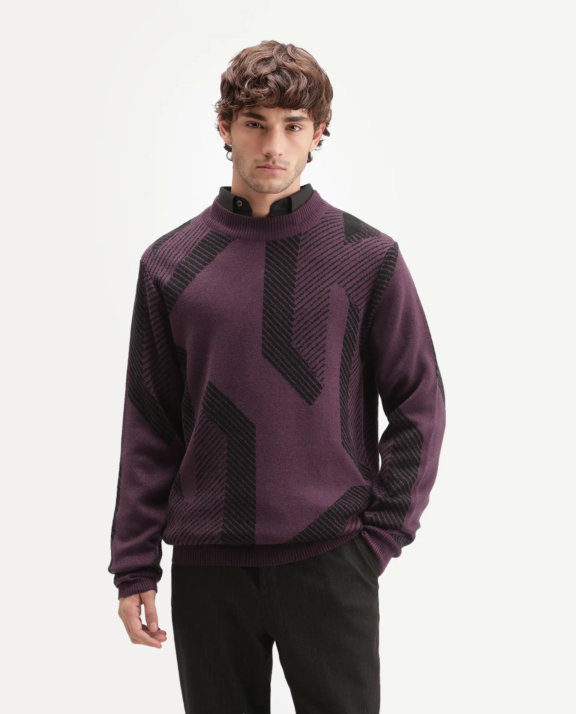 Rare Rabbit Men's Vent Dark Purple Acrylic Crew Neck Regular Fit Jacquard Sweater