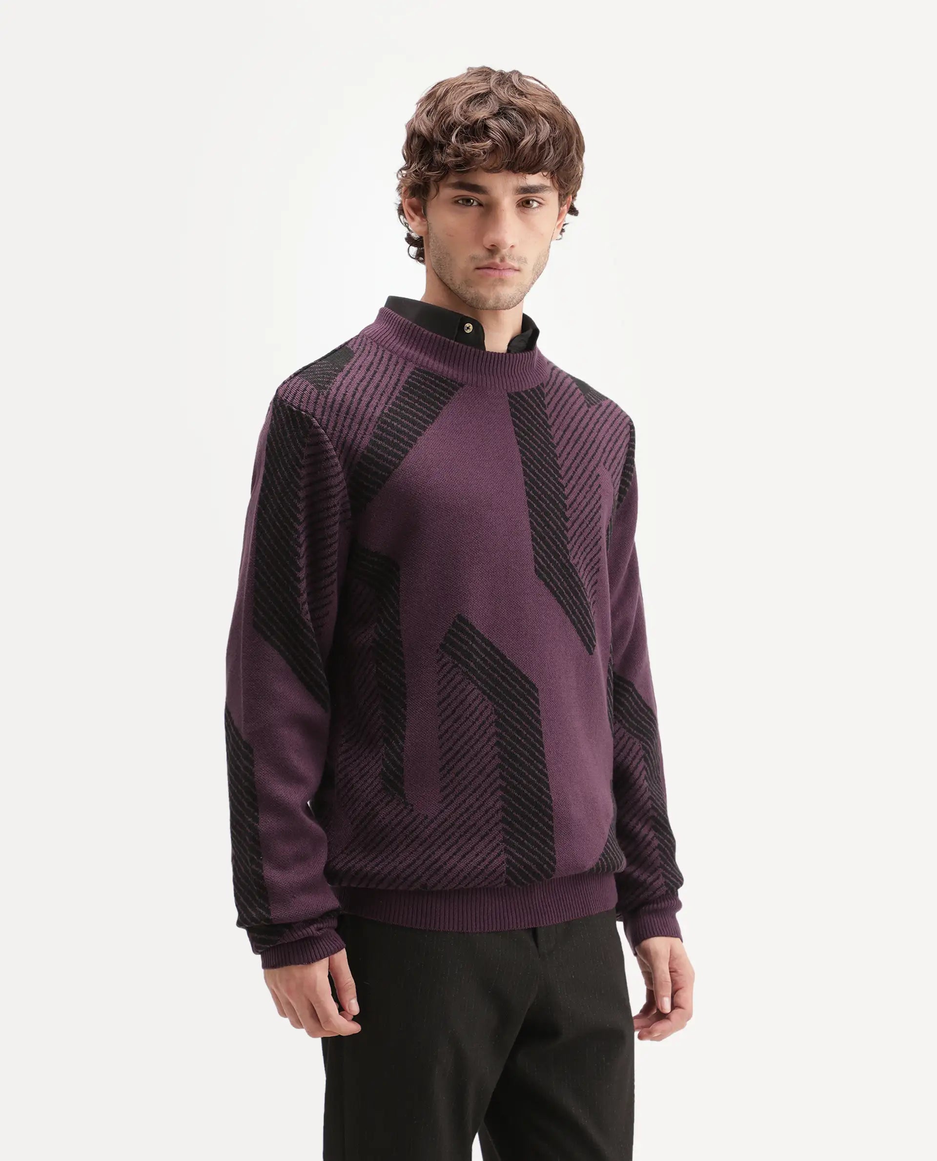 Rare Rabbit Men's Vent Dark Purple Acrylic Crew Neck Regular Fit Jacquard Sweater