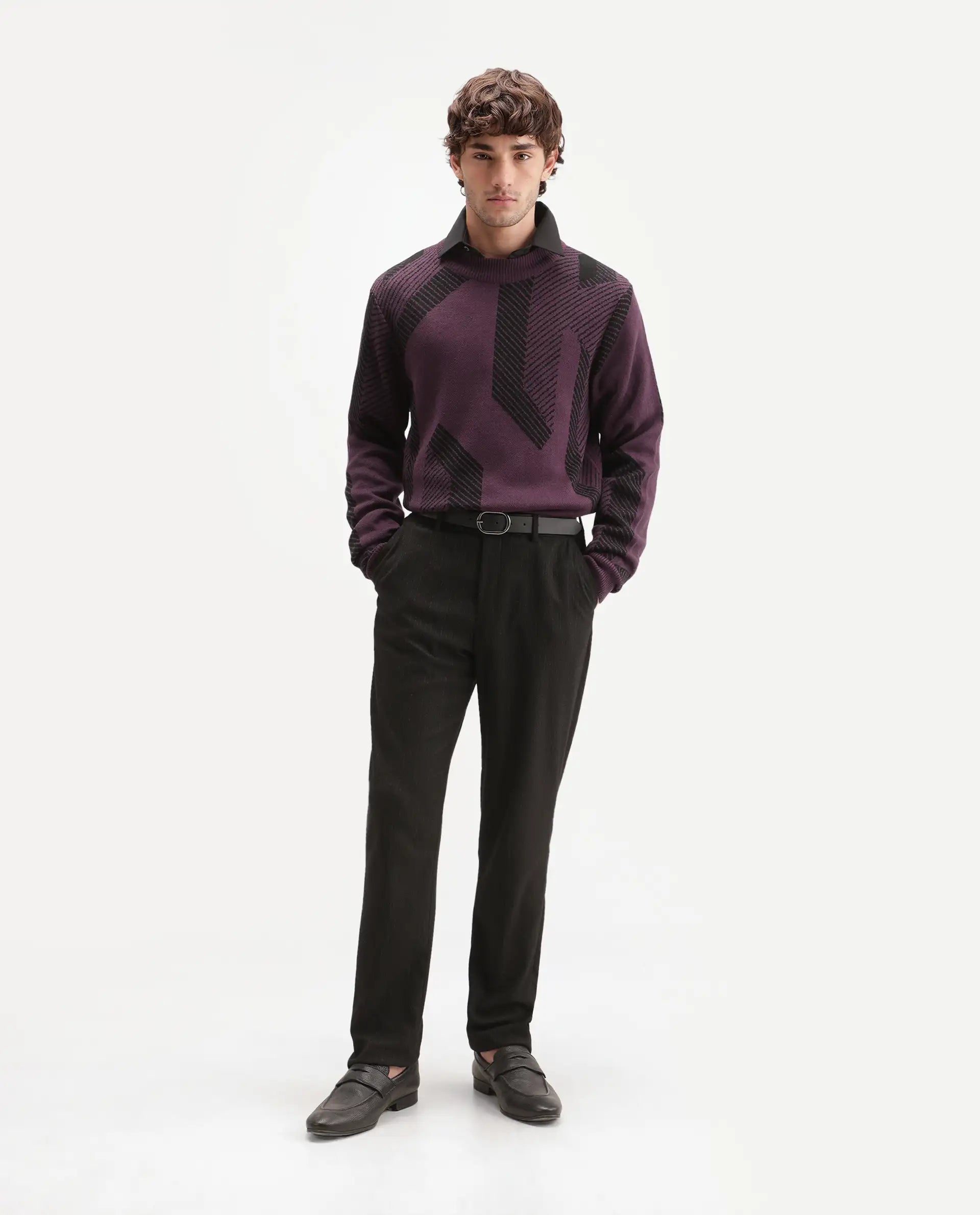 Rare Rabbit Men's Vent Dark Purple Acrylic Crew Neck Regular Fit Jacquard Sweater