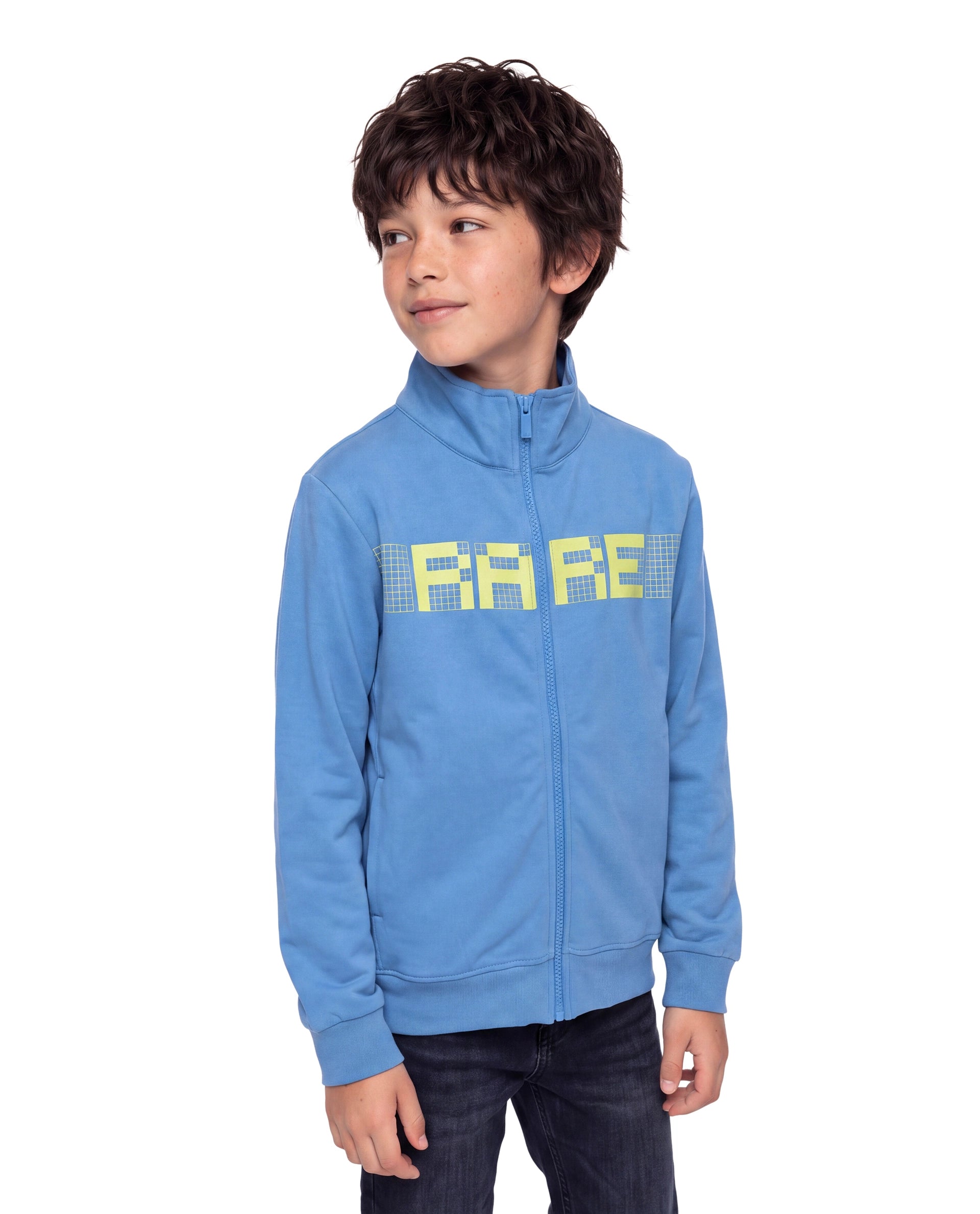 Rare Ones Kids Grid Blue Cotton Blend Fabric High Neck Zipper Closure Regular Graphic Print Sweatshirt