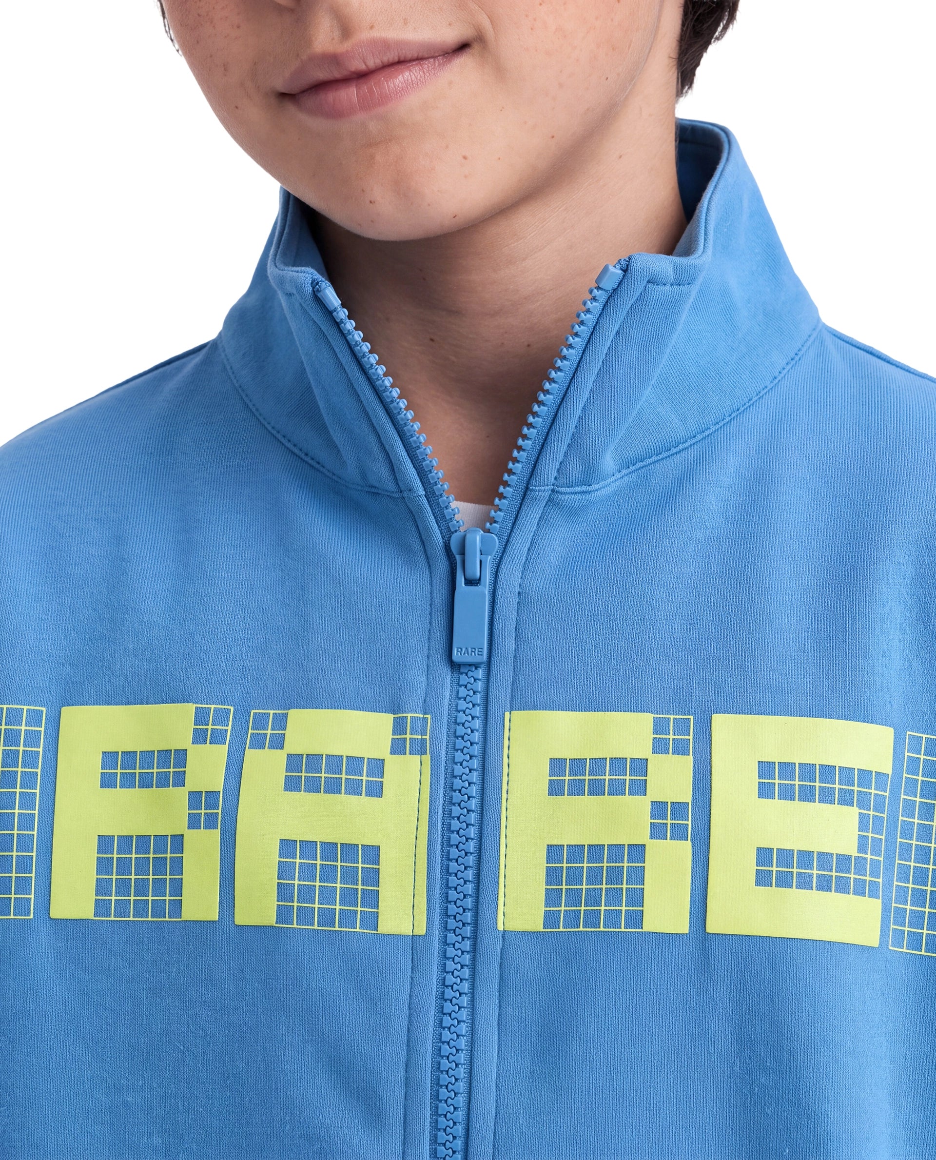 Rare Ones Kids Grid Blue Cotton Blend Fabric High Neck Zipper Closure Regular Graphic Print Sweatshirt