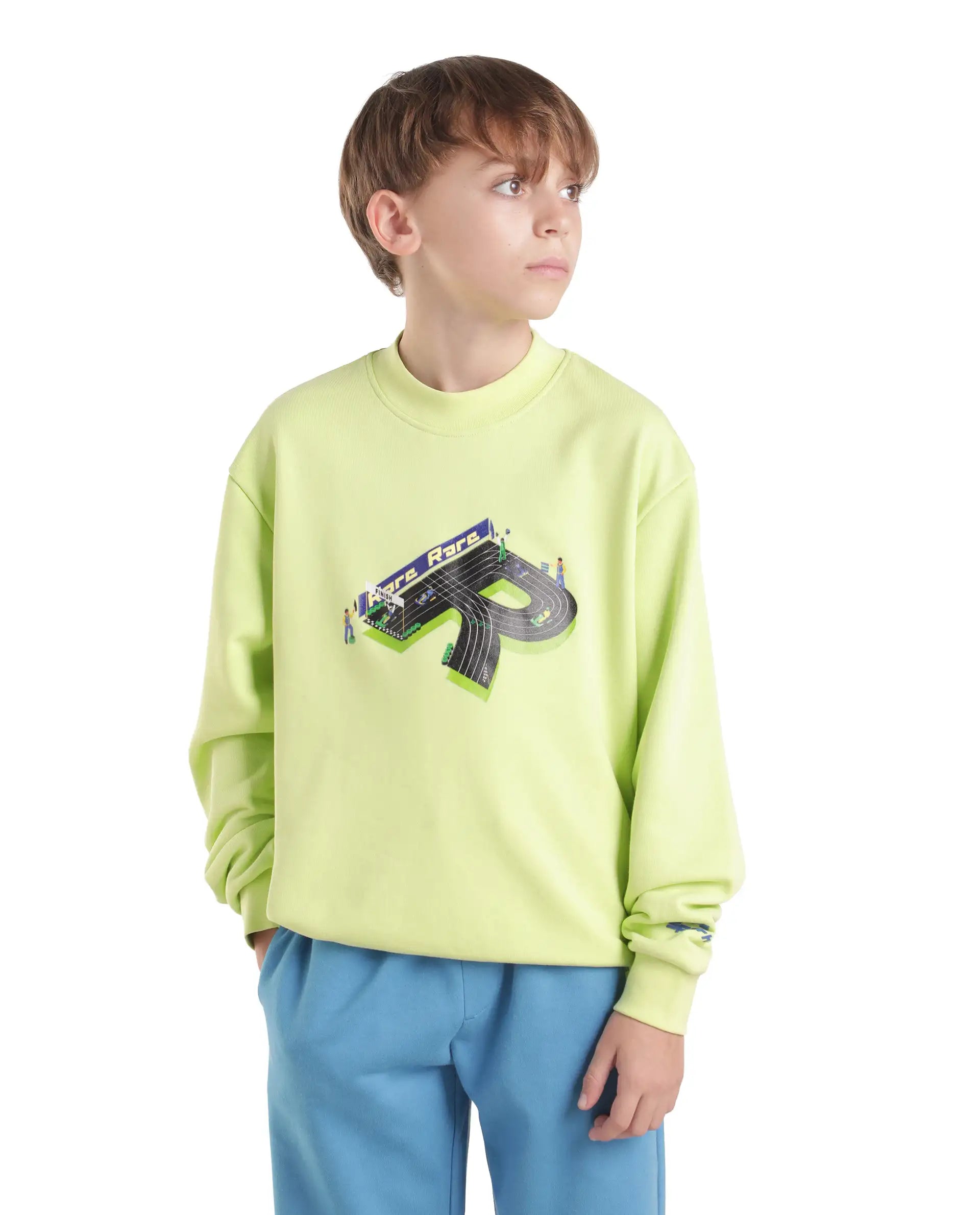 Rare Ones Kids Raco Pastel Green Cotton Blend Fabric Crew Neck Pull-On Closure Oversized Sweatshirt
