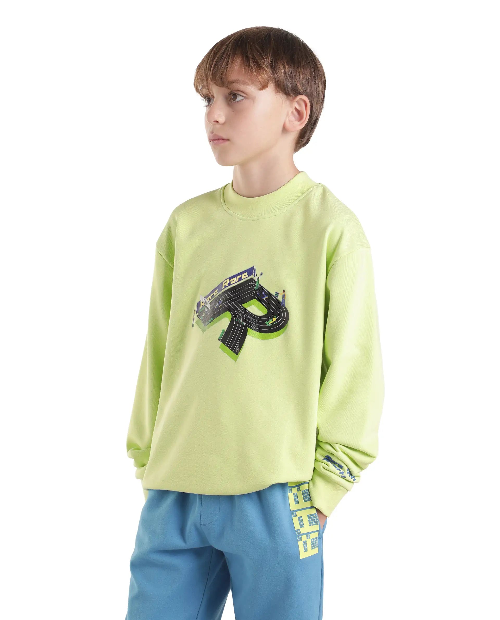 Rare Ones Kids Raco Pastel Green Cotton Blend Fabric Crew Neck Pull-On Closure Oversized Sweatshirt