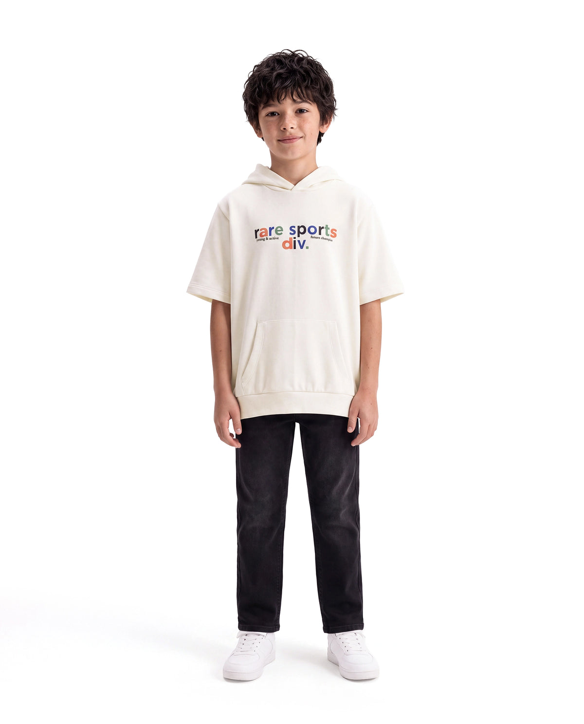 Rare Ones Kids Cinko Off White Cotton Blend Fabric Hooded Pull-On Closure Oversized Sweatshirt