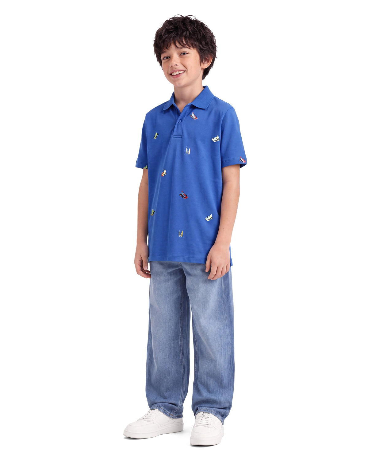 Rare Ones Kids Edric Blue Cotton Fabric Spread Collar Button Closure Regular Fit All Over Print Polo