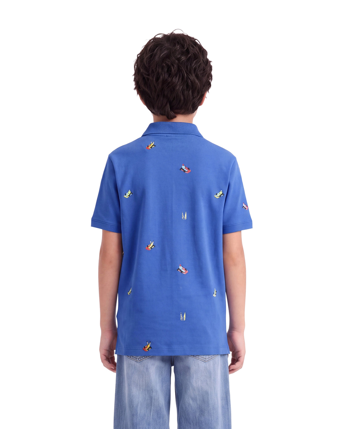 Rare Ones Kids Edric Blue Cotton Fabric Spread Collar Button Closure Regular Fit All Over Print Polo