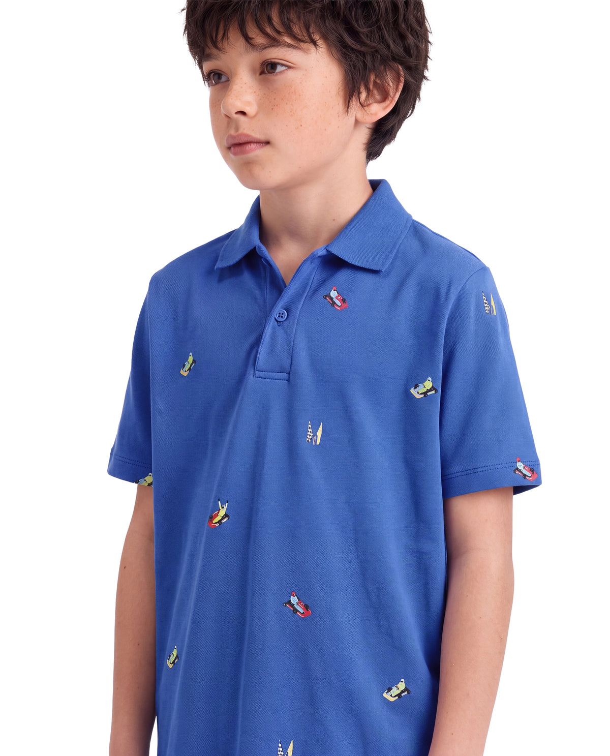 Rare Ones Kids Edric Blue Cotton Fabric Spread Collar Button Closure Regular Fit All Over Print Polo