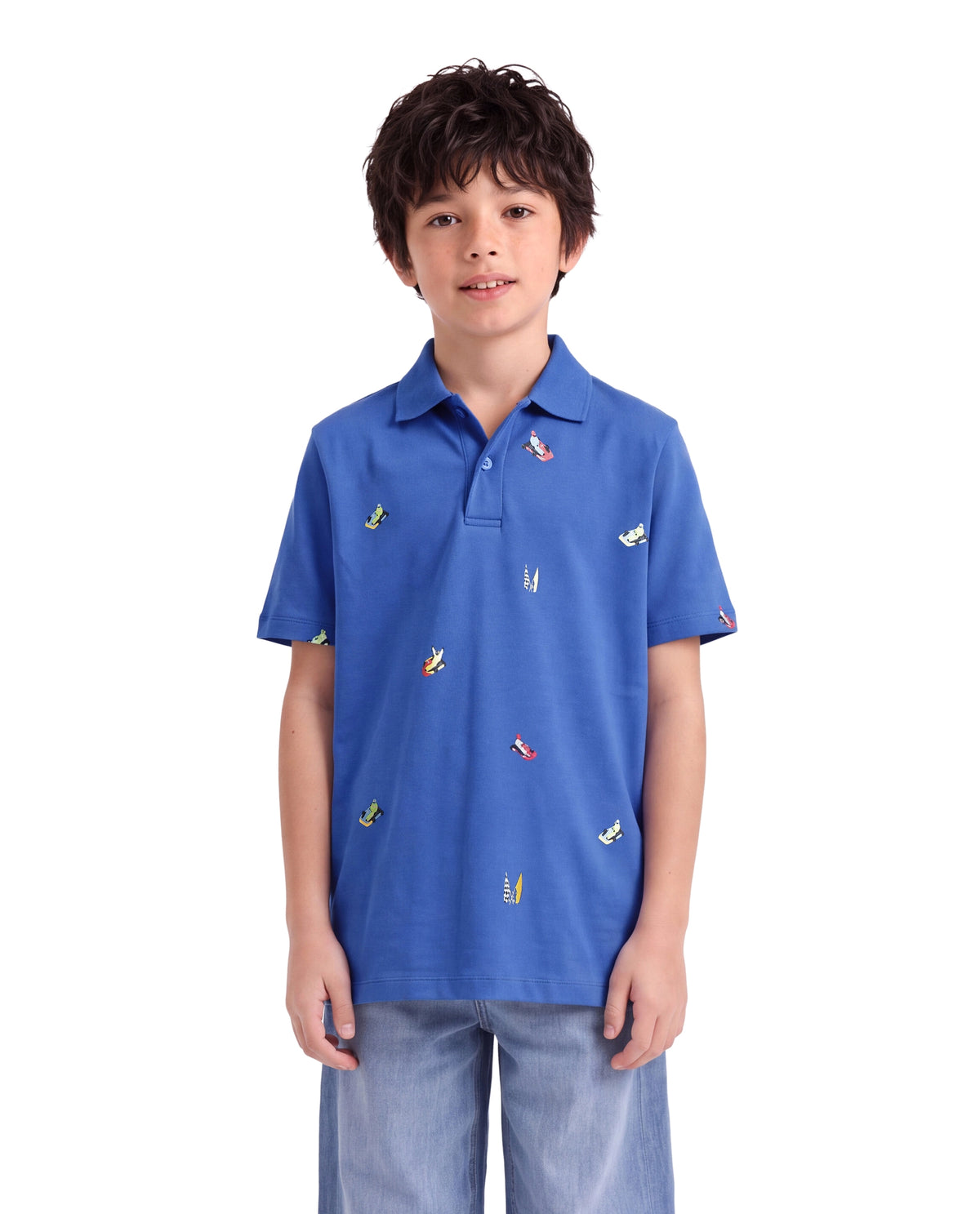 Rare Ones Kids Edric Blue Cotton Fabric Spread Collar Button Closure Regular Fit All Over Print Polo