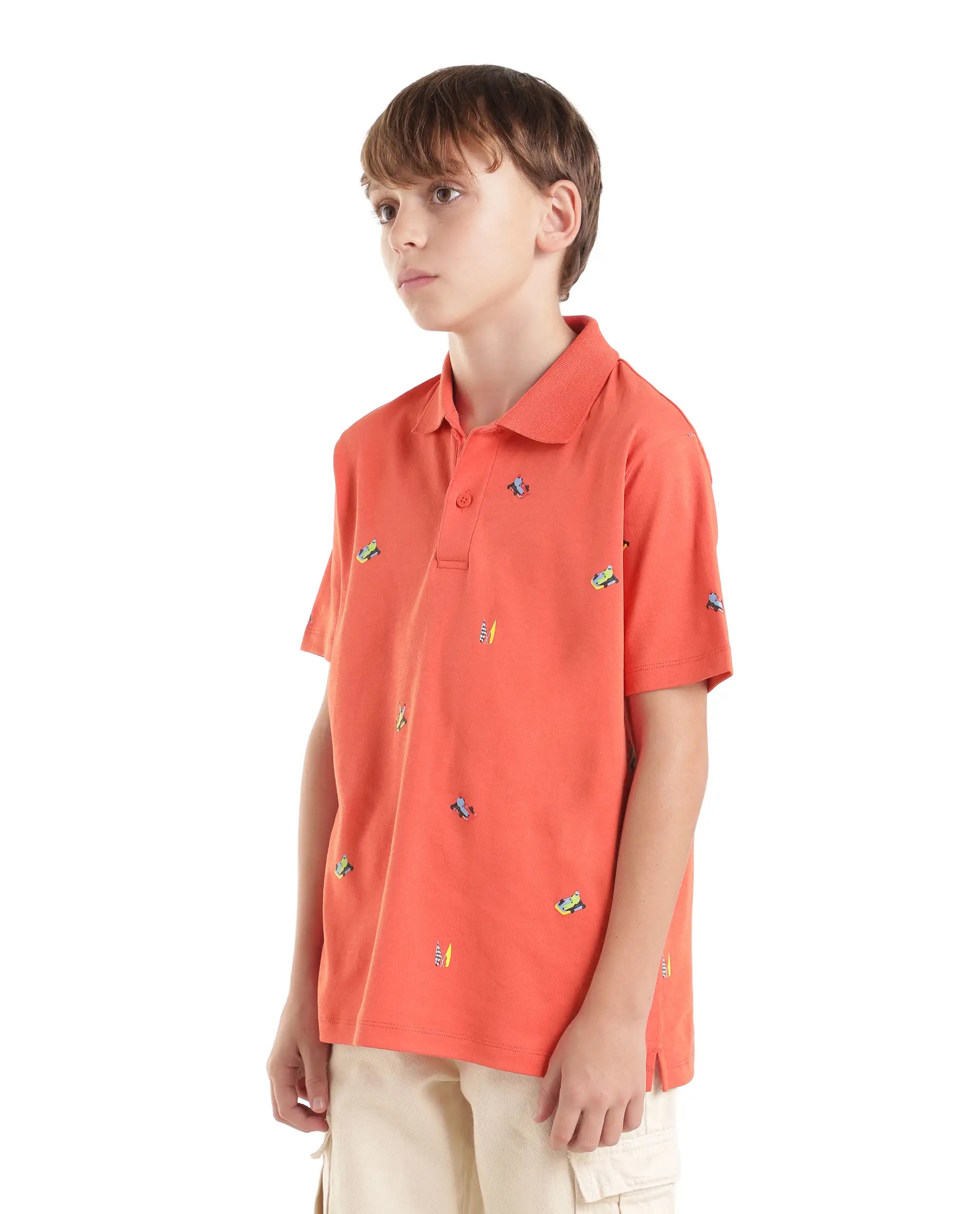 Rare Ones Kids Edric Light Orange Cotton Fabric Spread Collar Button Closure Regular Fit All Over Print Polo
