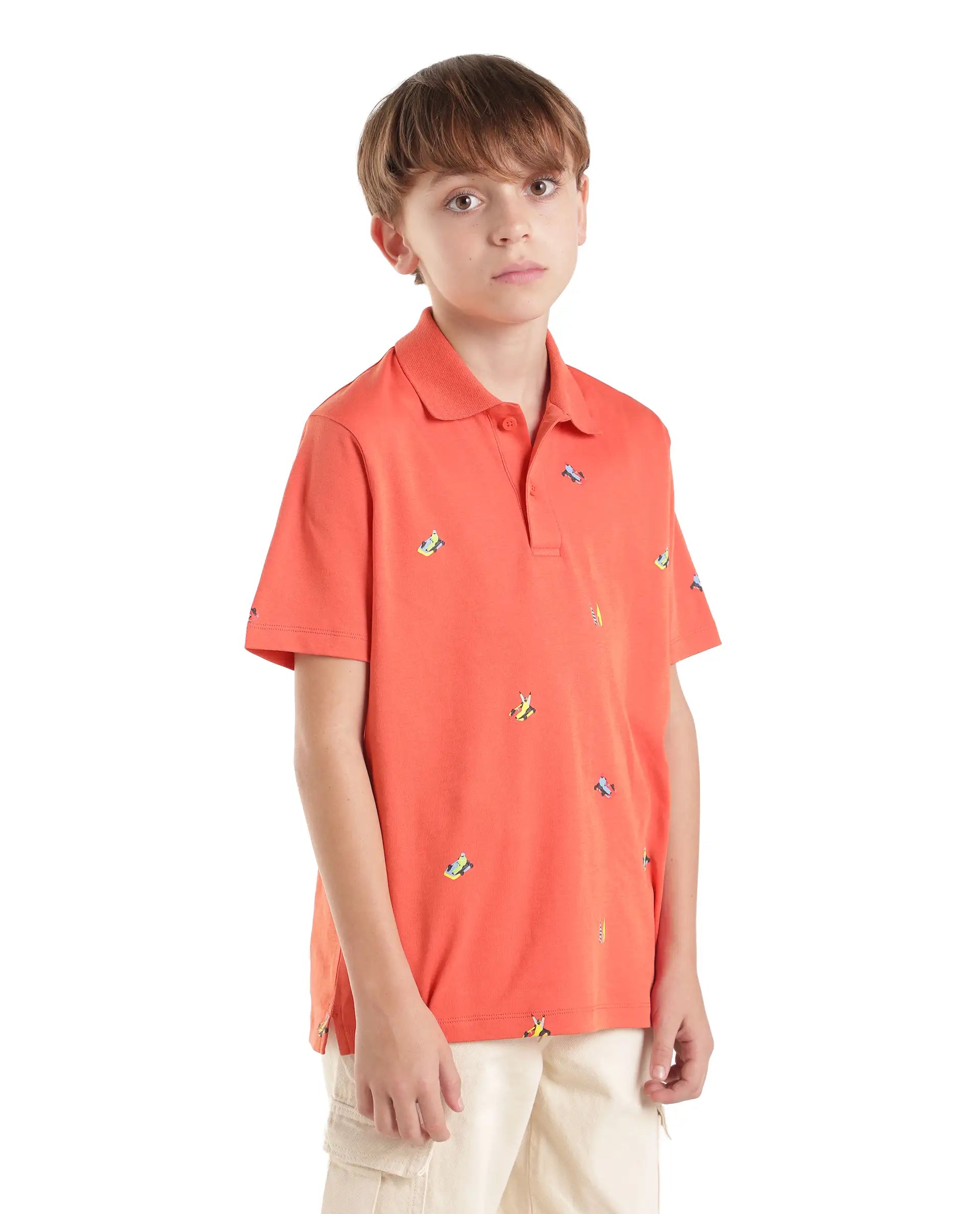 Rare Ones Kids Edric Light Orange Cotton Fabric Spread Collar Button Closure Regular Fit All Over Print Polo