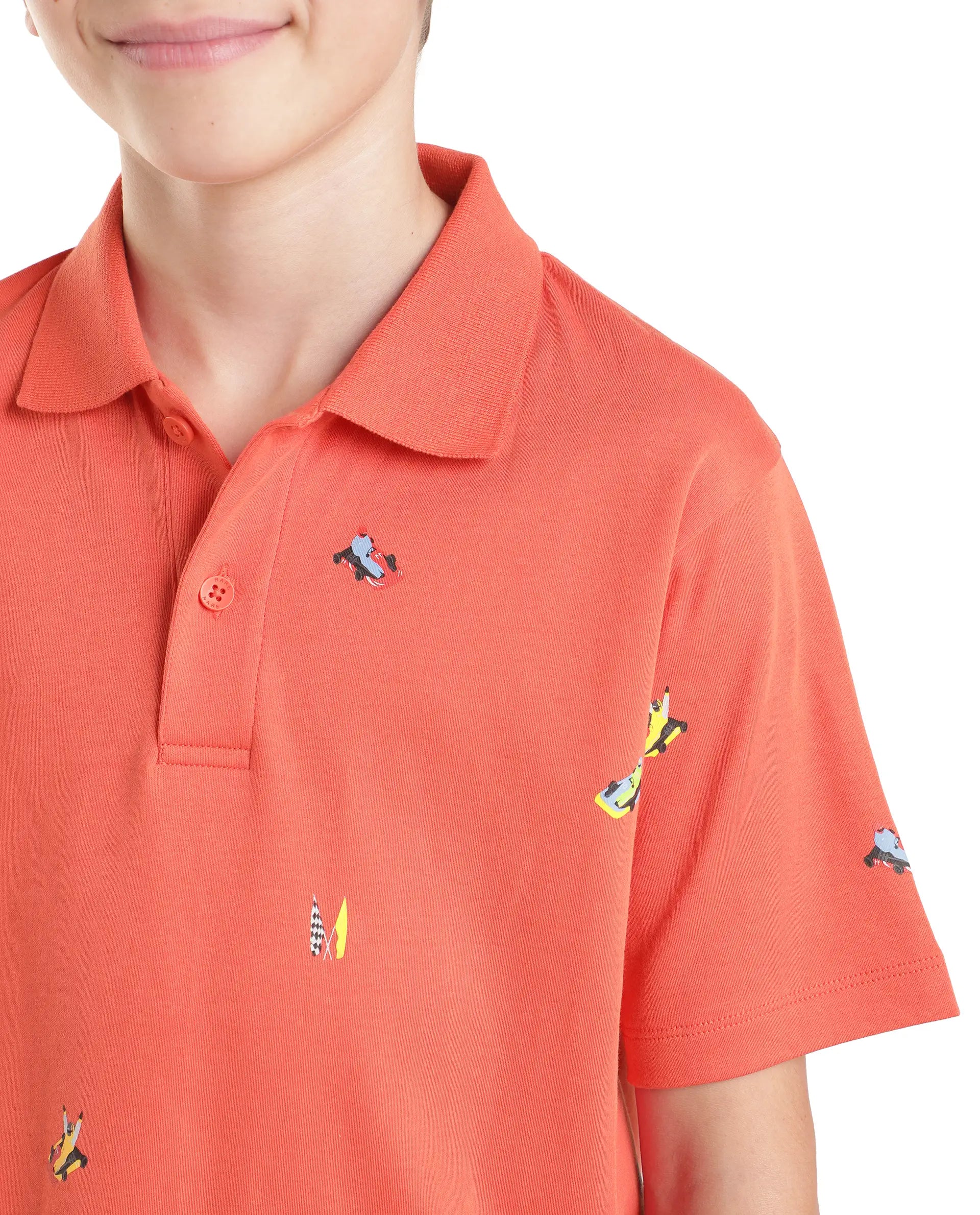 Rare Ones Kids Edric Light Orange Cotton Fabric Spread Collar Button Closure Regular Fit All Over Print Polo