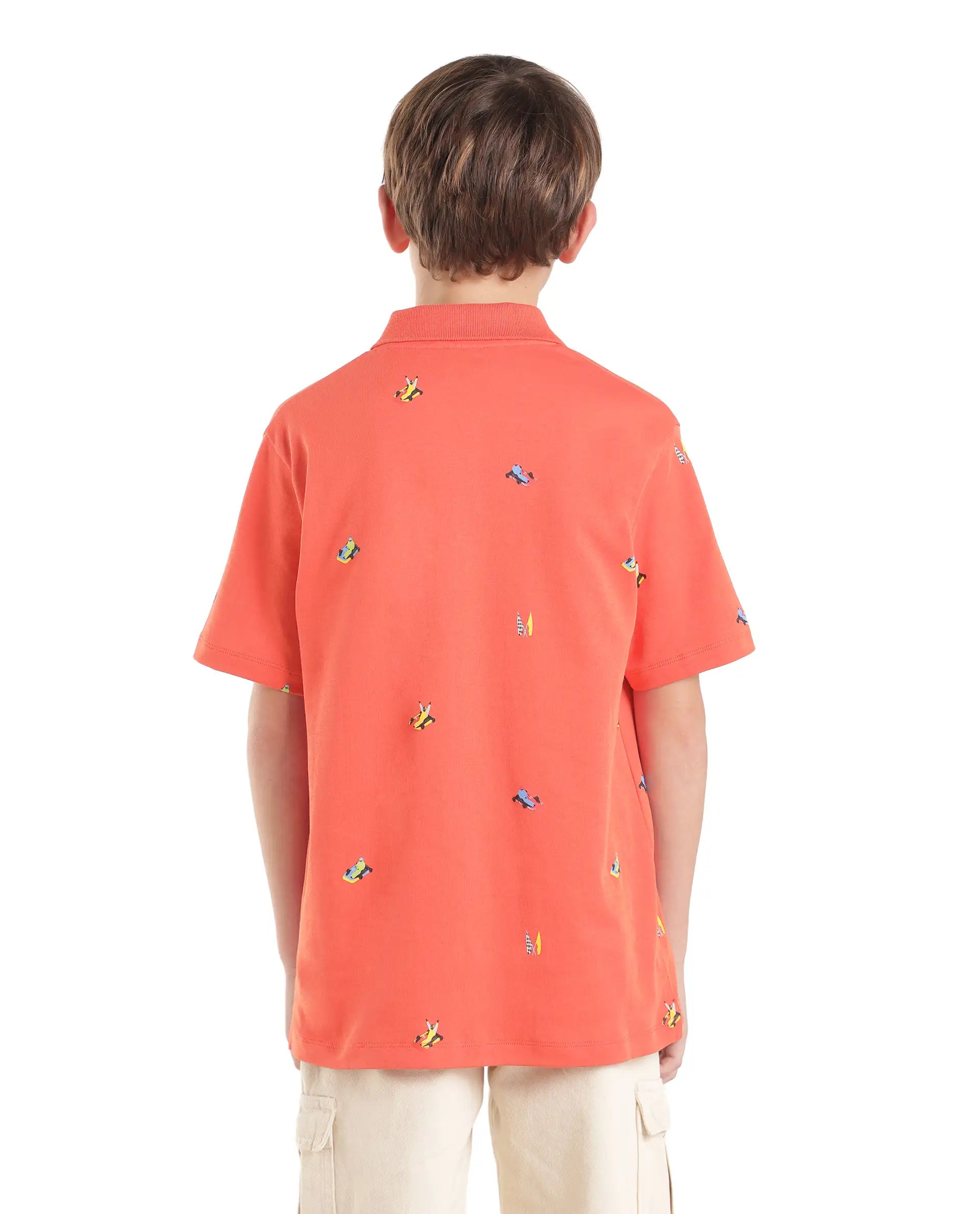 Rare Ones Kids Edric Light Orange Cotton Fabric Spread Collar Button Closure Regular Fit All Over Print Polo