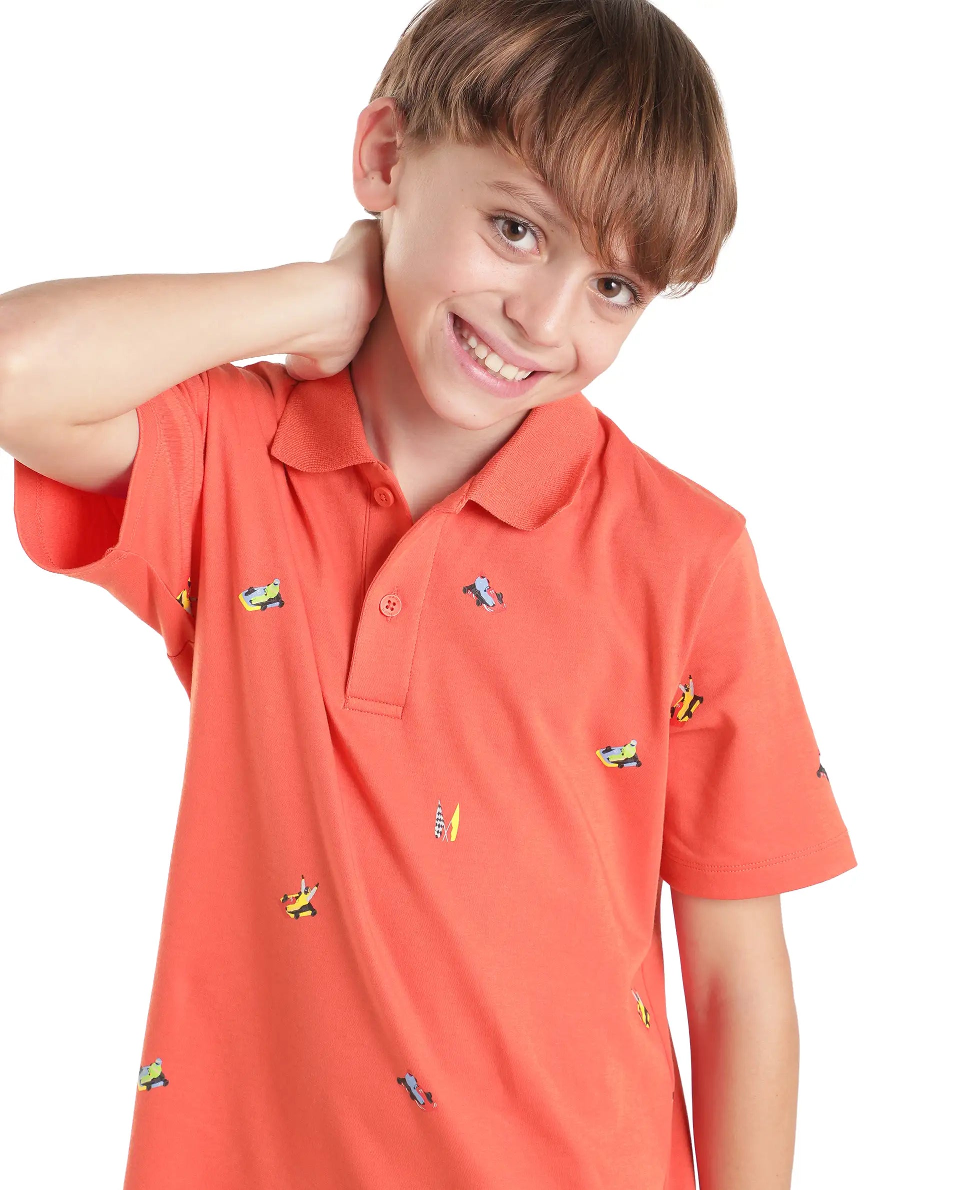Rare Ones Kids Edric Light Orange Cotton Fabric Spread Collar Button Closure Regular Fit All Over Print Polo