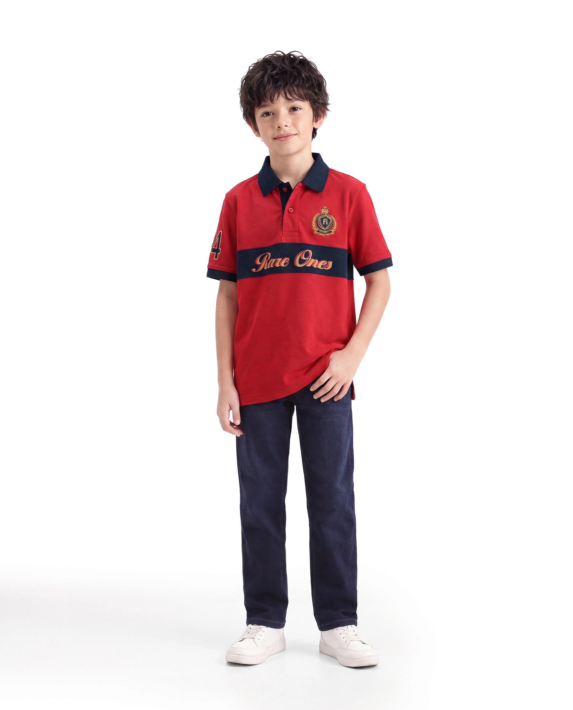 Rare Ones Kids Ekon Red Cotton Blend Fabric Button Closure Regular Fit Printed Polo