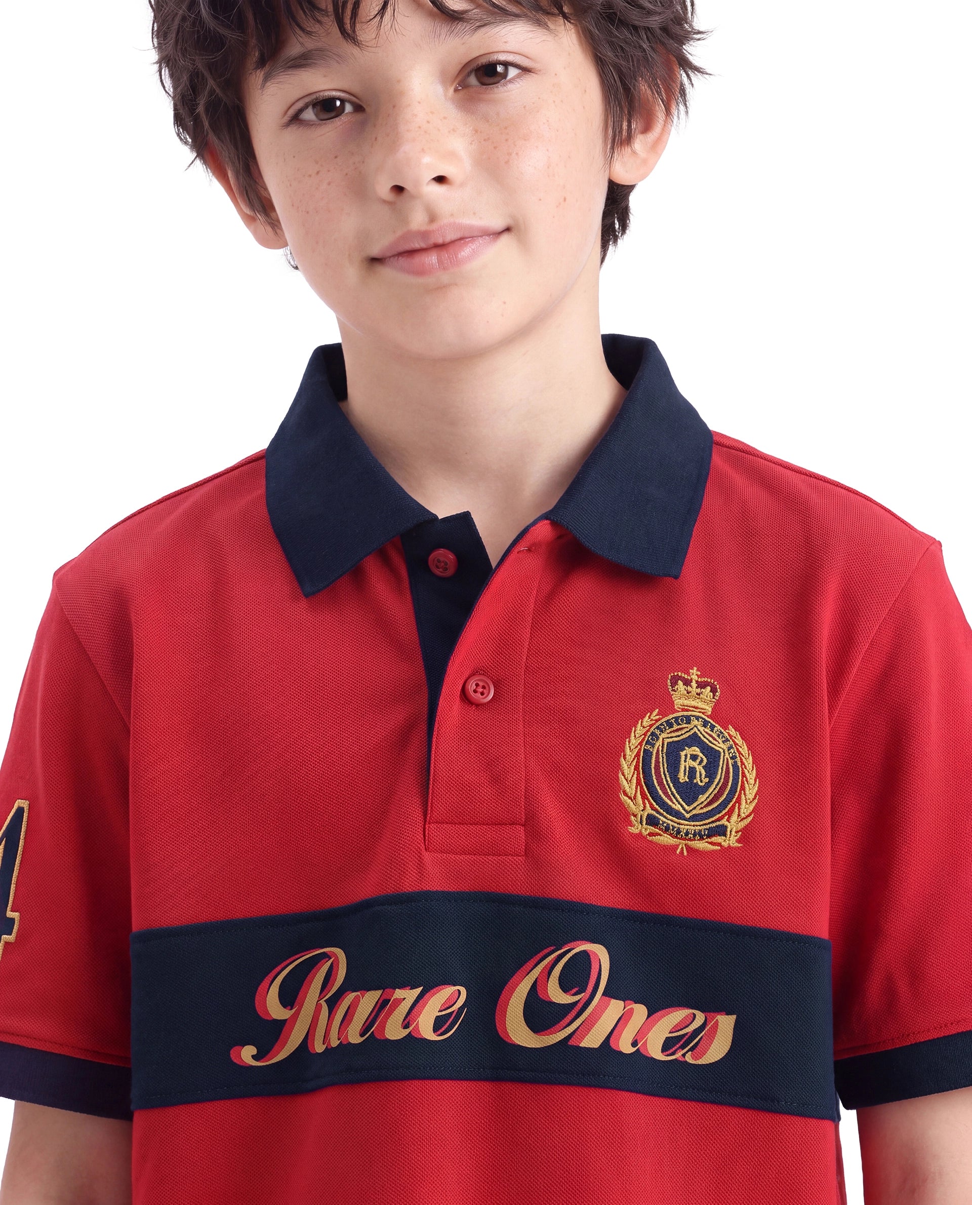 Rare Ones Kids Ekon Red Cotton Blend Fabric Button Closure Regular Fit Printed Polo