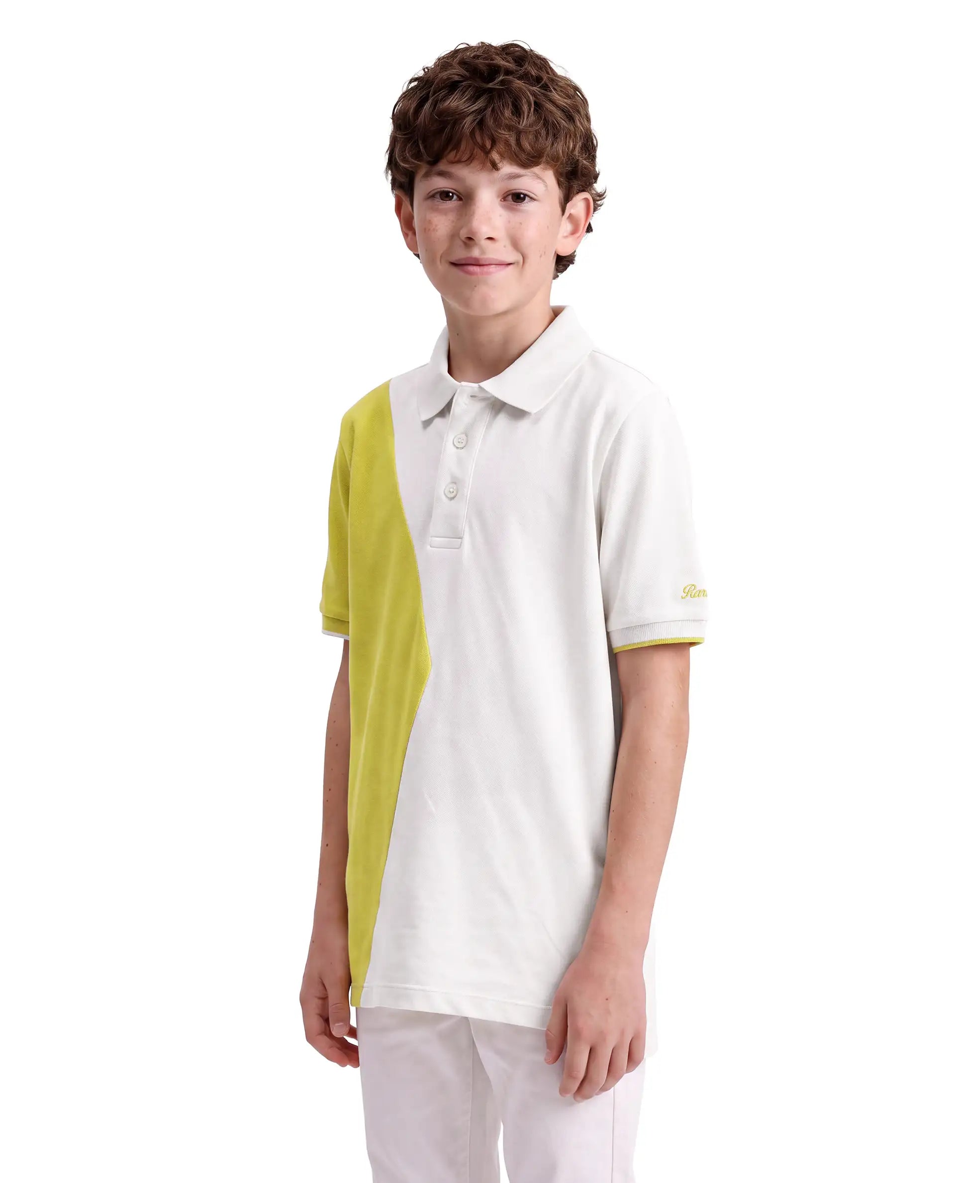 Rare Ones Kids Abel White Cotton Blend Fabric Button Closure Regular Fit Cut And Sew Polo